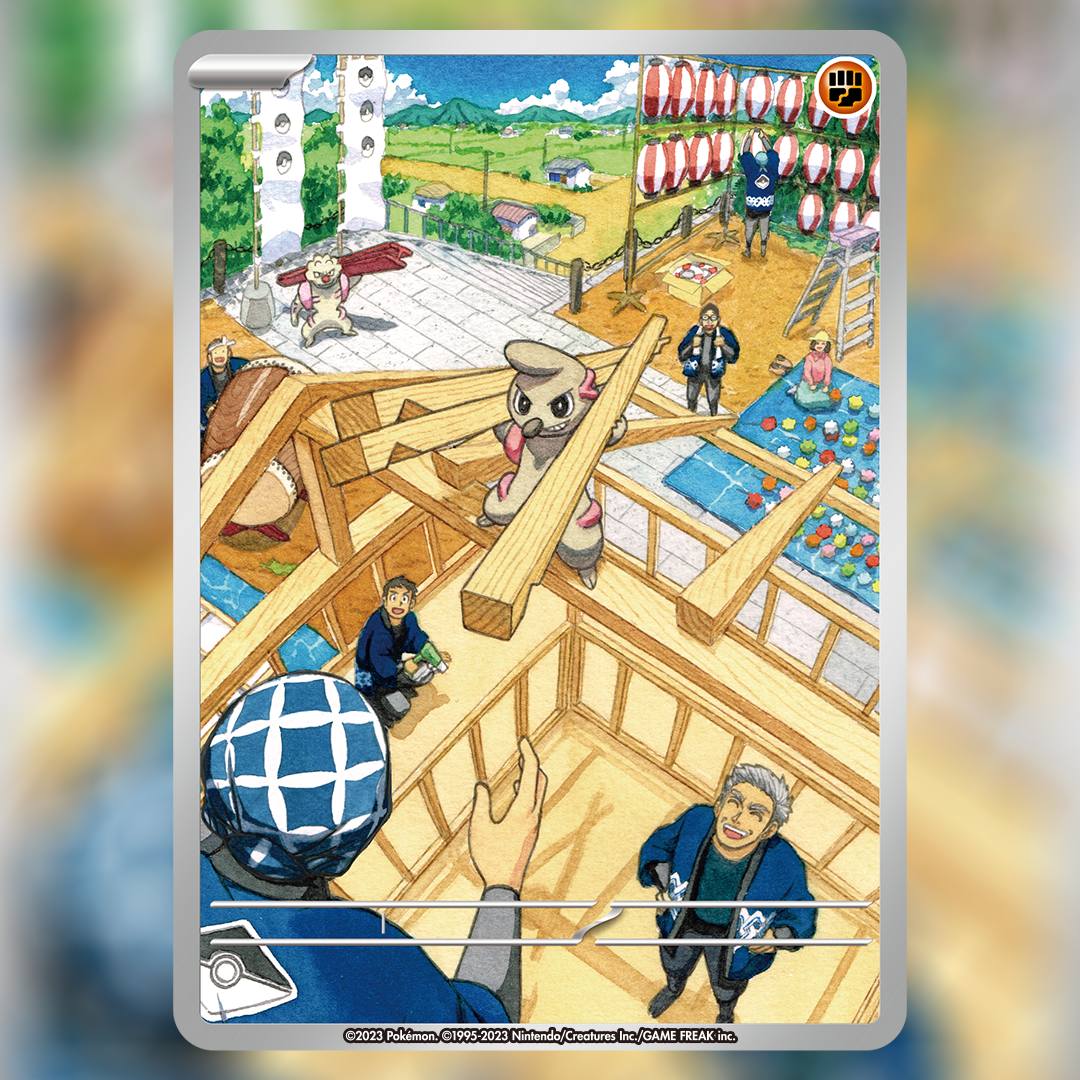 akase yuriko, gurdurr, timburr, nintendo, pokemon, pokemon tcg, commentary, english commentary, official art, textless version, third-party source, 1girl, bandana, blue bandana, blue jacket, blue skirt, blue sky, box, brown hair, card (medium), chain, cloud, company name, construction, construction site, copyright name, copyright notice, day, drum, gen 5 pokemon, grass, grey hair, hands on own hips, hat, holding, house, instrument, jacket, ladder, multiple boys, open clothes, open jacket, open mouth, outdoors, pink shirt, poke ball print, pokemon (creature), pokemon card, railing, shadow, shirt, short hair, skirt, sky, smile, stairs, steel beam, taiko drum, teeth, trading card, tree, upper teeth only, wooden beam