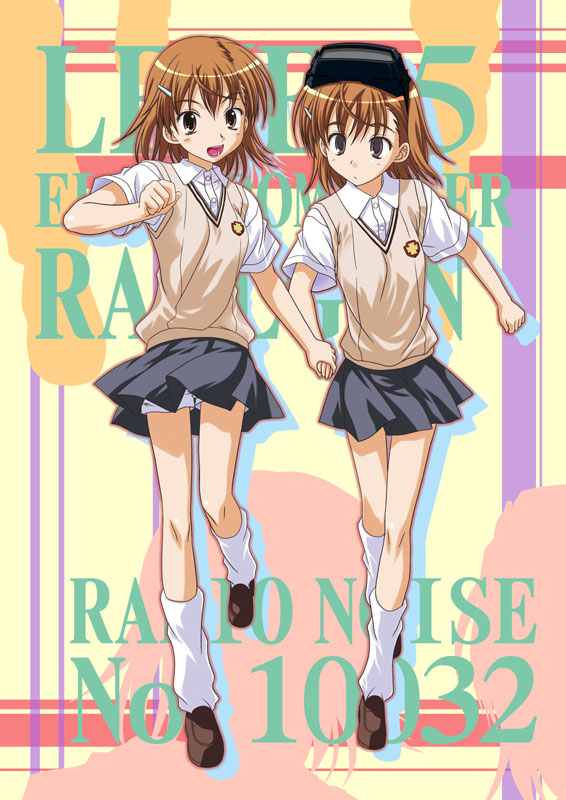 muichimon, misaka imouto, misaka imouto 10032, misaka mikoto, toaru kagaku no railgun, toaru majutsu no index, 2girls, black eyes, brown eyes, brown hair, dragging, goggles, head-mounted display, holding hands, loose socks, multiple girls, running, school uniform, shadow, short hair, shorts, socks, zoom layer