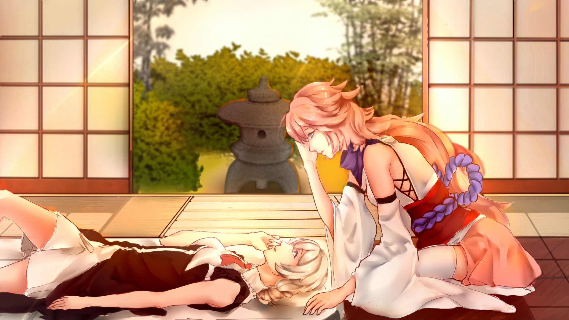 kallen kaslana, yae sakura, yae sakura (gyakushinn miko), honkai (series), honkai impact 3rd, commentary request, highres, 2girls, black dress, blue eyes, braid, braided ponytail, breasts, detached sleeves, dress, fakeisntfake, full body, indoors, japanese clothes, kimono, looking at another, medium breasts, multiple girls, nontraditional miko, nun, obi, pink hair, pink skirt, sash, skirt, sleeveless, sleeveless dress, thighhighs, white kimono, white sleeves, white thighhighs, yuri