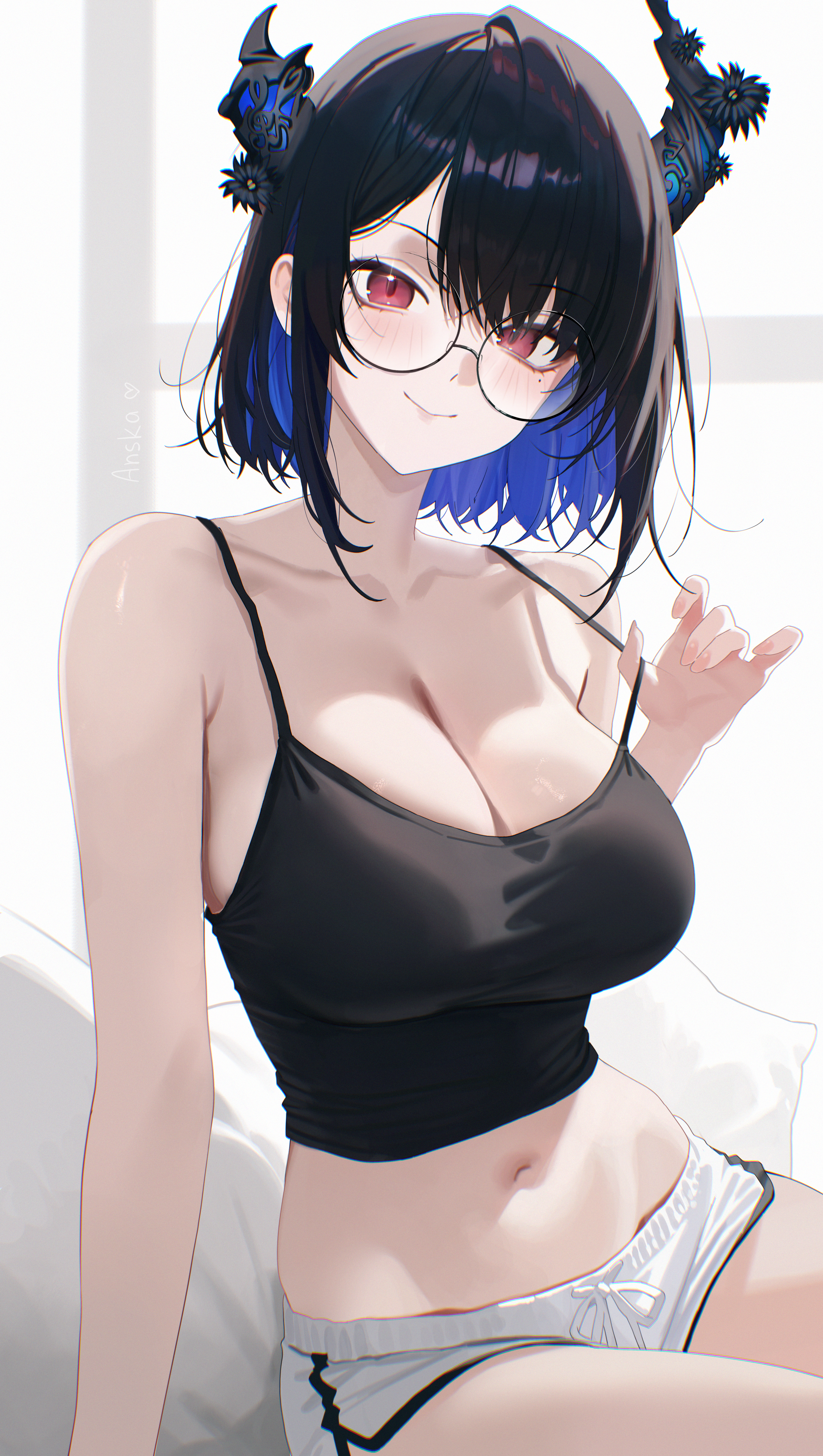 anska, nerissa ravencroft, hololive, hololive english, absurdres, commentary, english commentary, highres, 1girl, alternate costume, asymmetrical horns, bare arms, bare shoulders, black camisole, black flower, black hair, blue hair, blush, breasts, camisole, cleavage, collarbone, colored inner hair, crop top, crossed bangs, demon horns, dolphin shorts, flower, glasses, hair between eyes, horn flower, horns, large breasts, looking at viewer, midriff, mole, mole under eye, multicolored hair, nail polish, navel, pulling own clothes, red eyes, round eyewear, short hair, short shorts, shorts, sitting, smile, solo, strap pull, thighs, two-tone hair, uneven horns, virtual youtuber, white shorts