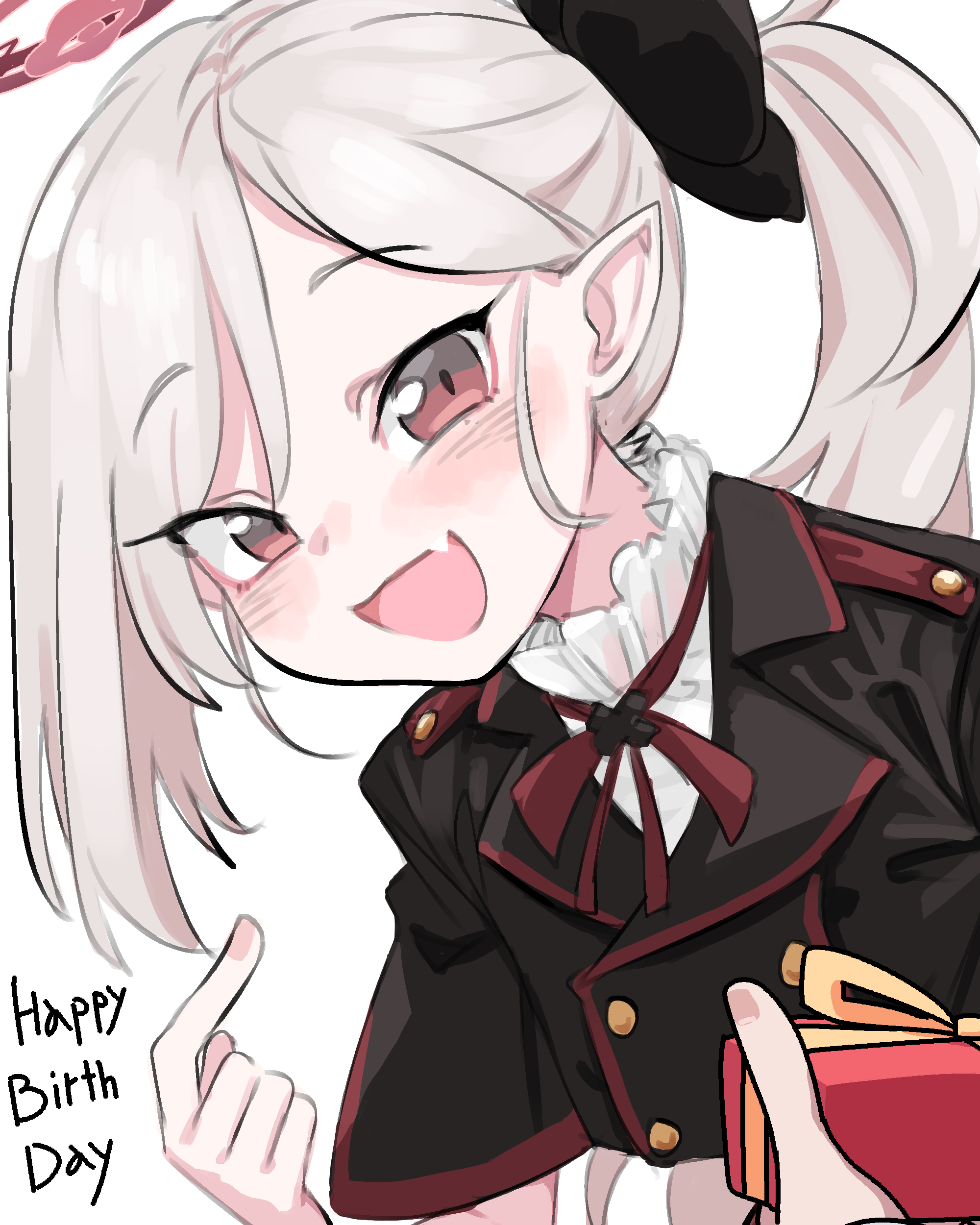 neophyte, mutsuki (blue archive), blue archive, absurdres, commentary request, highres, 1girl, blush, english text, eyelashes, fang, gift, happy birthday, long hair, neck ribbon, open mouth, pointy ears, ponytail, red ribbon, ribbon, skin fang, smile, solo, white background, white hair