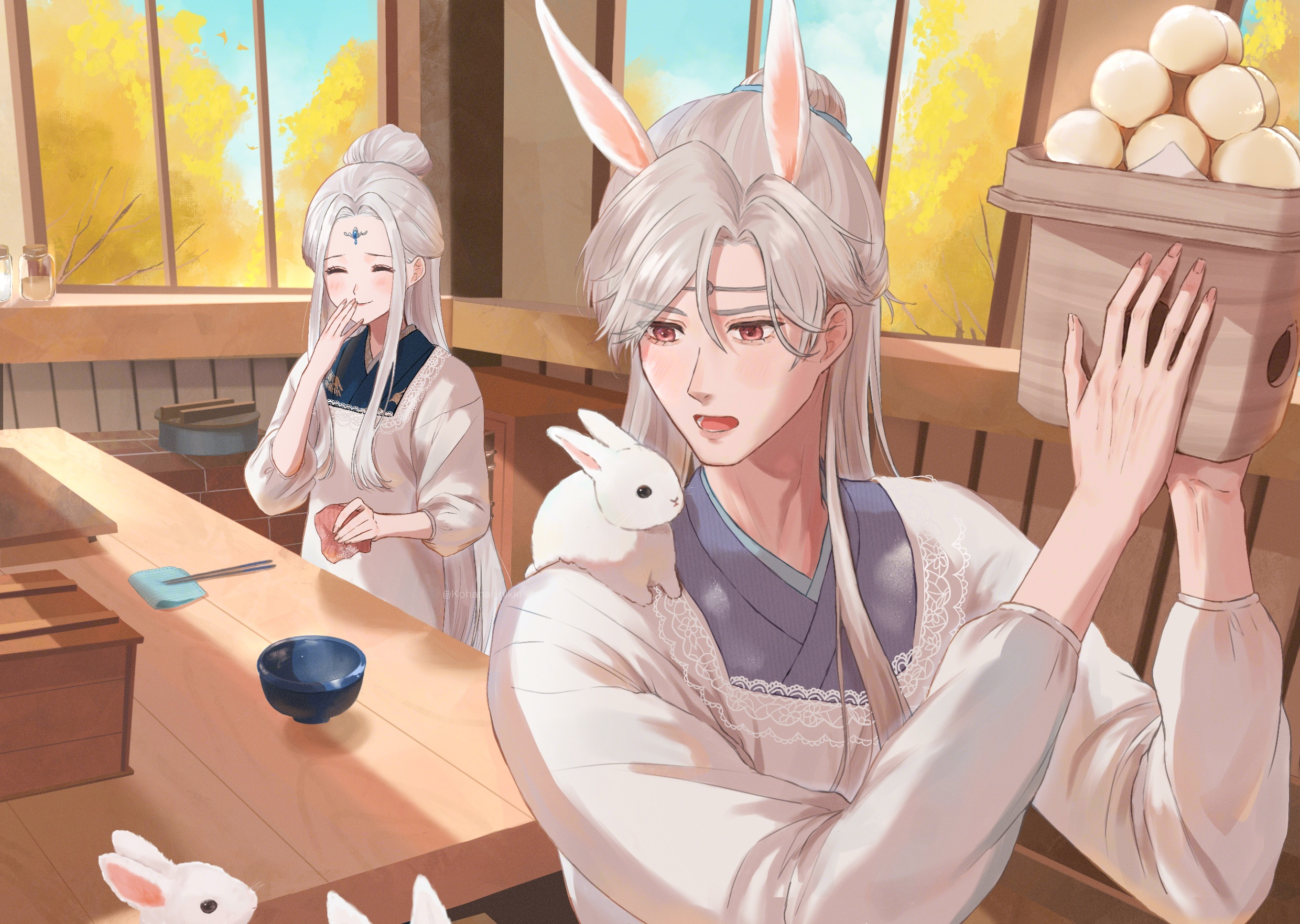 kohanai setsuna, baishuo (shining nikki), qingyue (shining nikki), nikki (series), shining nikki, commentary request, highres, 1boy, 1girl, ^ ^, animal, animal ears, animal on shoulder, blue hanfu, blue sky, bowl, chinese clothes, closed eyes, cloud, cooking, eyelashes, facial mark, falling petals, fingernails, food, forehead mark, ginkgo tree, grey hair, hair between eyes, hair bun, hand to own mouth, hanfu, happy, holding, holding food, indoors, lace, lace-trimmed shirt, lace trim, long hair, long sidelocks, long sleeves, looking at animal, lower teeth only, maid headdress, mochi, open mouth, petals, pink eyes, purple hanfu, rabbit boy, rabbit ears, shirt, sidelocks, single hair bun, sky, surprised, table, teeth, upper body, very long hair, white shirt, window