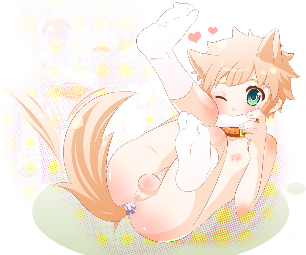 o-mars, tachimukai yuuki, inazuma eleven, inazuma eleven (series), 1boy, anal tail, animal ears, bone, butt plug, collar, dog ears, fake tail, male focus, nude, one eye closed, pet play, sex toy, shota, solo, tail, testicles, uncensored, wink