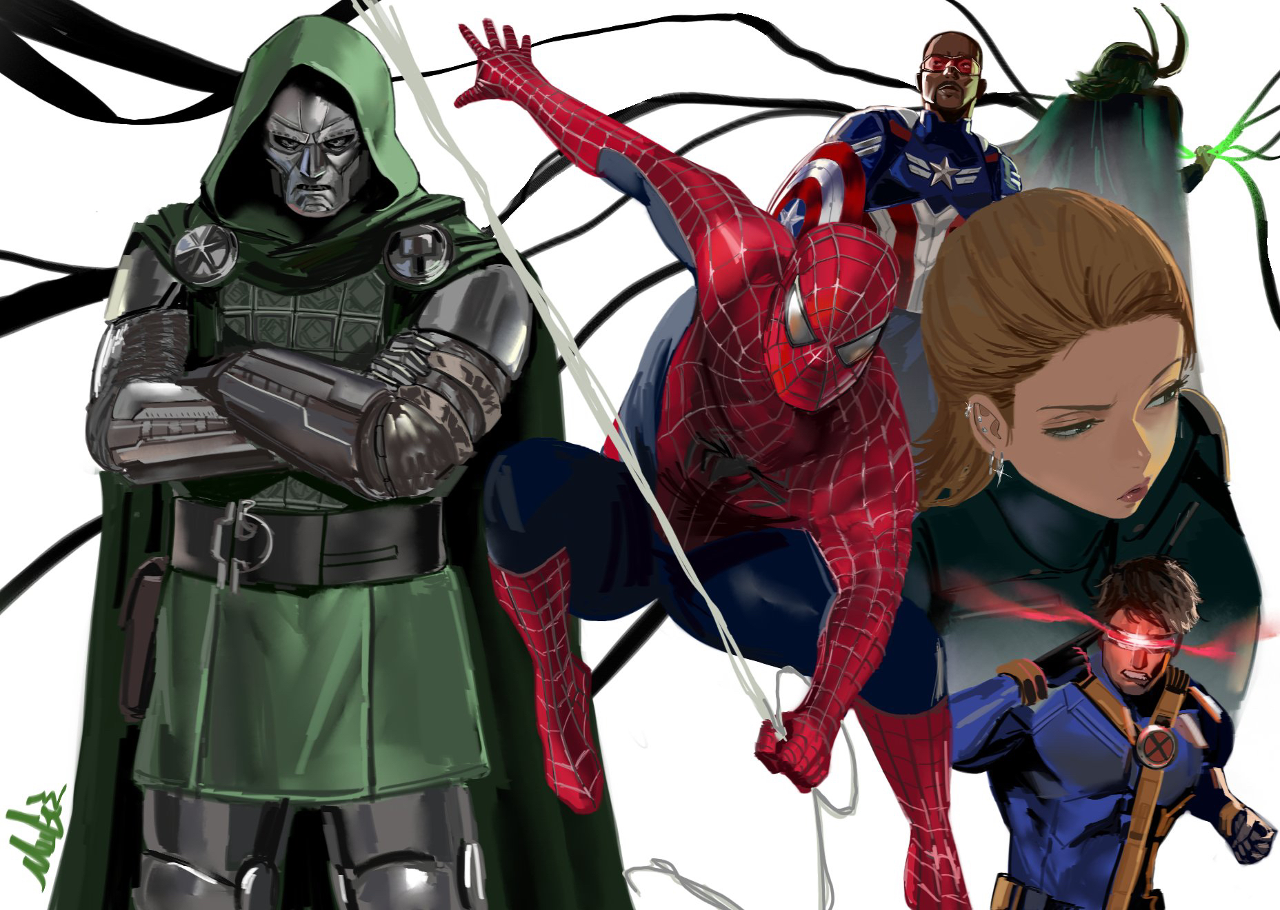 mugi (mugit49), captain america, cyclops (x-men), doctor doom, loki (marvel), peter parker, sam wilson, spider-man, yelena belova, avengers (series), marvel, spider-man (series), x-men, commentary request, highres, 1girl, 5boys, animal print, armor, black hair, blonde hair, blue bodysuit, bodysuit, brown hair, cape, crossed arms, eye beam, facial hair, fake horns, green cape, green eyes, green tunic, group picture, head-mounted display, hood, hooded cape, horned headwear, horns, lips, mask, medium hair, metal mask, multicolored bodysuit, multiple boys, power armor, shield, short hair, signature, silk, spider print, spider web, superhero costume, tunic, web shooter, white background, x-uniform, yellow bodysuit