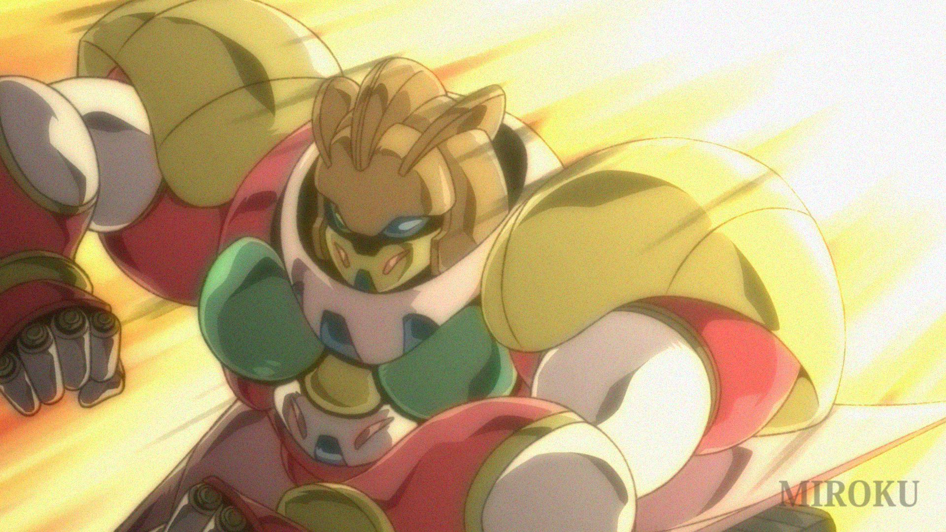 miroku (miroku t), getter robo, commentary request, highres, armor, boobplate, breastplate, getter kongo, getter robo daikessen!, ishikawa ken (style), mecha, mecha focus, multicolored armor, pink armor, red armor, robot, robot girl, solo, super robot, upper body, yellow armor