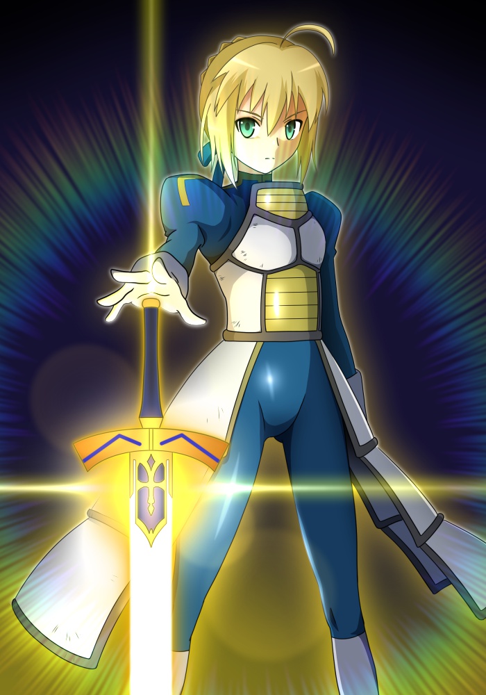 aiueo8371, artoria pendragon (fate), saber (fate), dragon ball, dragonball z, fate/stay night, fate (series), commentary, 1girl, ahoge, armor, armored bodysuit, black background, blonde hair, blue bodysuit, bodysuit, boots, braid, braided bun, bun with braided base, crossover, excalibur (fate/stay night), faulds, feet out of frame, flat chest, gloves, glowing, glowing sword, glowing weapon, gorget, green eyes, hair between eyes, hair bun, juliet sleeves, lens flare, long sleeves, puffy sleeves, rainbow, reaching, saiyan armor, sidelocks, skin tight, solo, sword, weapon, white armor, white boots, white gloves, yellow light