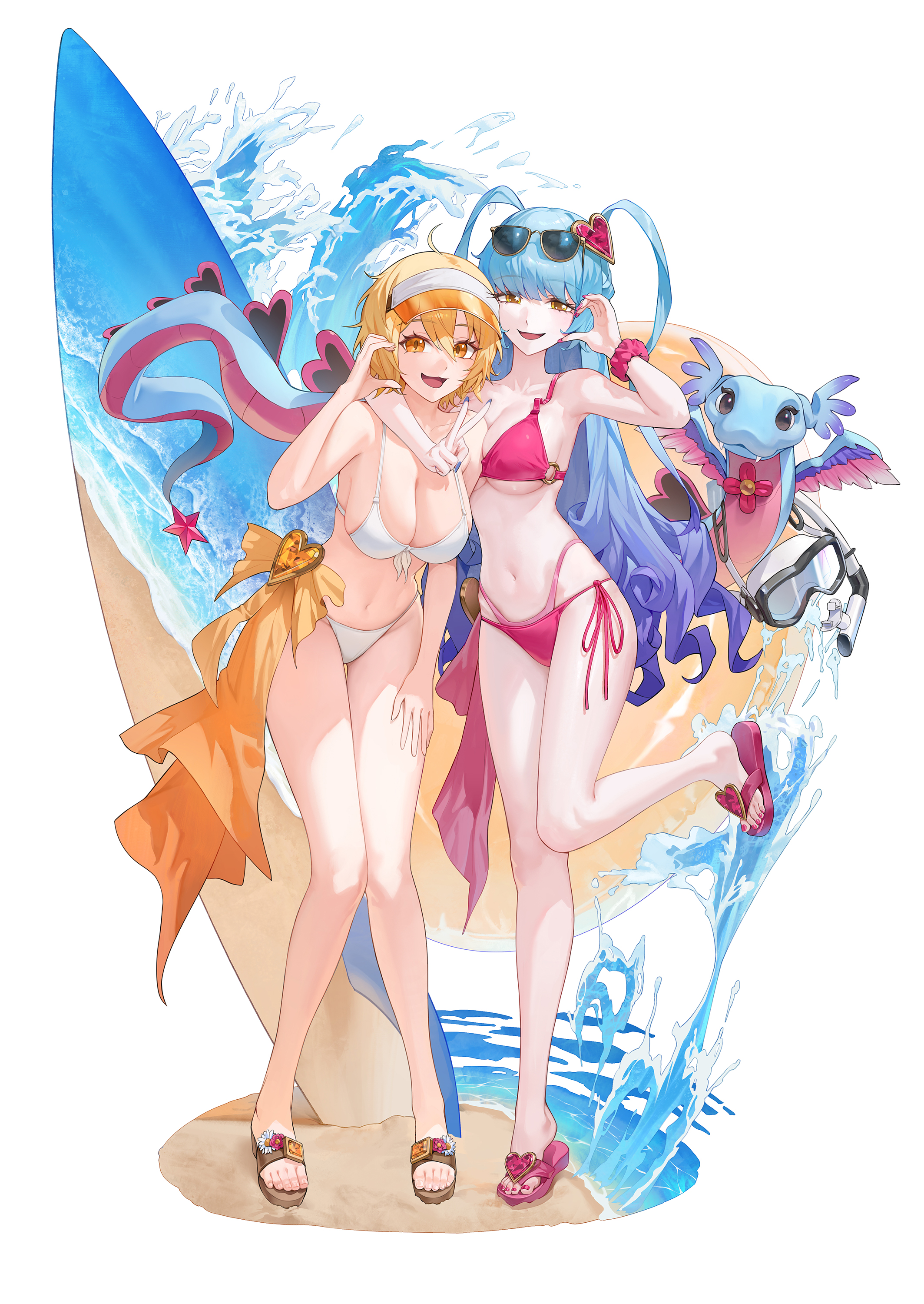 cryturtle, limbus company, project moon, absurdres, character request, commentary, highres, symbol-only commentary, 2girls, arm around neck, beach, bikini, blonde hair, blue hair, blue nails, breasts, brown sandals, cleavage, eyewear on head, full body, half-heart hands, innertube, large breasts, leg up, long hair, multiple girls, navel, o-ring, o-ring top, orange eyes, pink bikini, pink nails, pink sandals, planted, planted surfboard, sandals, scrunchie, short hair, side-tie bikini bottom, simple background, snorkel, snorkel mask, splashing, standing, standing on one leg, sunglasses, surfboard, swim ring, swimsuit, v, visor cap, water, white background, white bikini, wrist scrunchie, yellow eyes
