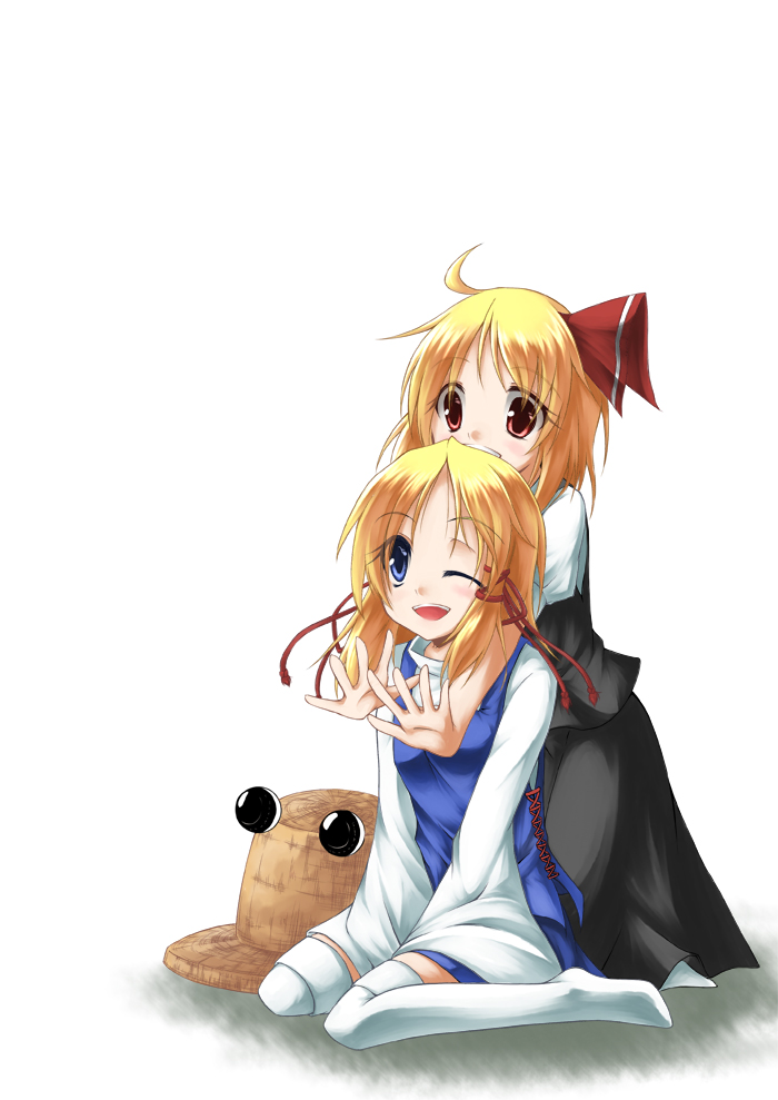 sakura yuuya, moriya suwako, rumia, touhou, 2girls, blonde hair, female focus, multiple girls, red eyes, sitting, thighhighs, wariza