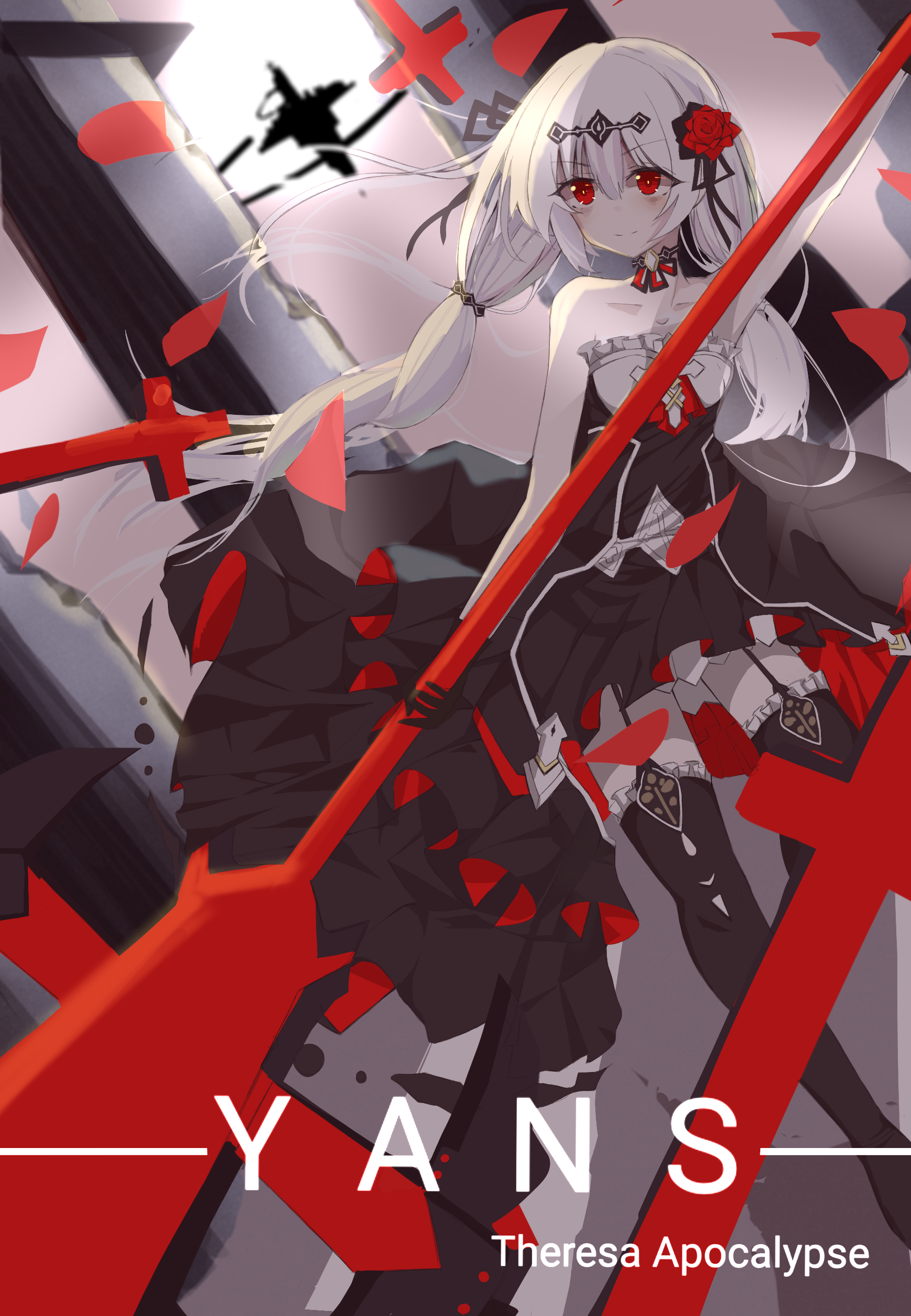 yansg3, theresa apocalypse, theresa apocalypse (luna kindred), honkai (series), honkai impact 3rd, absurdres, bad id, bad pixiv id, highres, 1girl, armpits, artist name, axe, black dress, black gloves, black thighhighs, character name, closed mouth, dress, flower, gloves, hair flower, hair ornament, holding, holding axe, huge weapon, long hair, looking at viewer, petals, red eyes, red flower, sleeveless, sleeveless dress, smile, solo, thighhighs, weapon, white hair