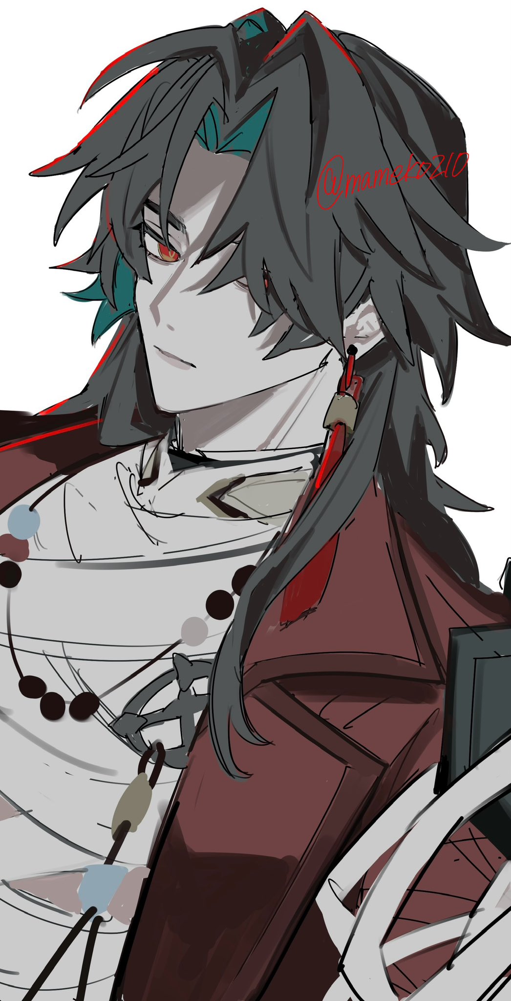 edamameko210, blade (honkai: star rail), honkai: star rail, honkai (series), commentary request, highres, 1boy, bandaged chest, black hair, blade (elation) (honkai: star rail), coat, colored inner hair, earrings, hair over one eye, jewelry, lapels, looking to the side, male focus, multicolored hair, necklace, notched lapels, one eye covered, piercing, sideways glance, simple background, solo, tassel, tassel earrings, white background