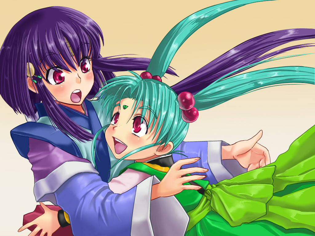 run p (aveton), masaki aeka jurai, masaki sasami jurai, tenchi muyou!, bad id, bad pixiv id, 2girls, blush, facial mark, forehead mark, green hair, hug, long hair, multiple girls, open mouth, purple hair, red eyes, siblings, sisters, smile, surprised, twintails