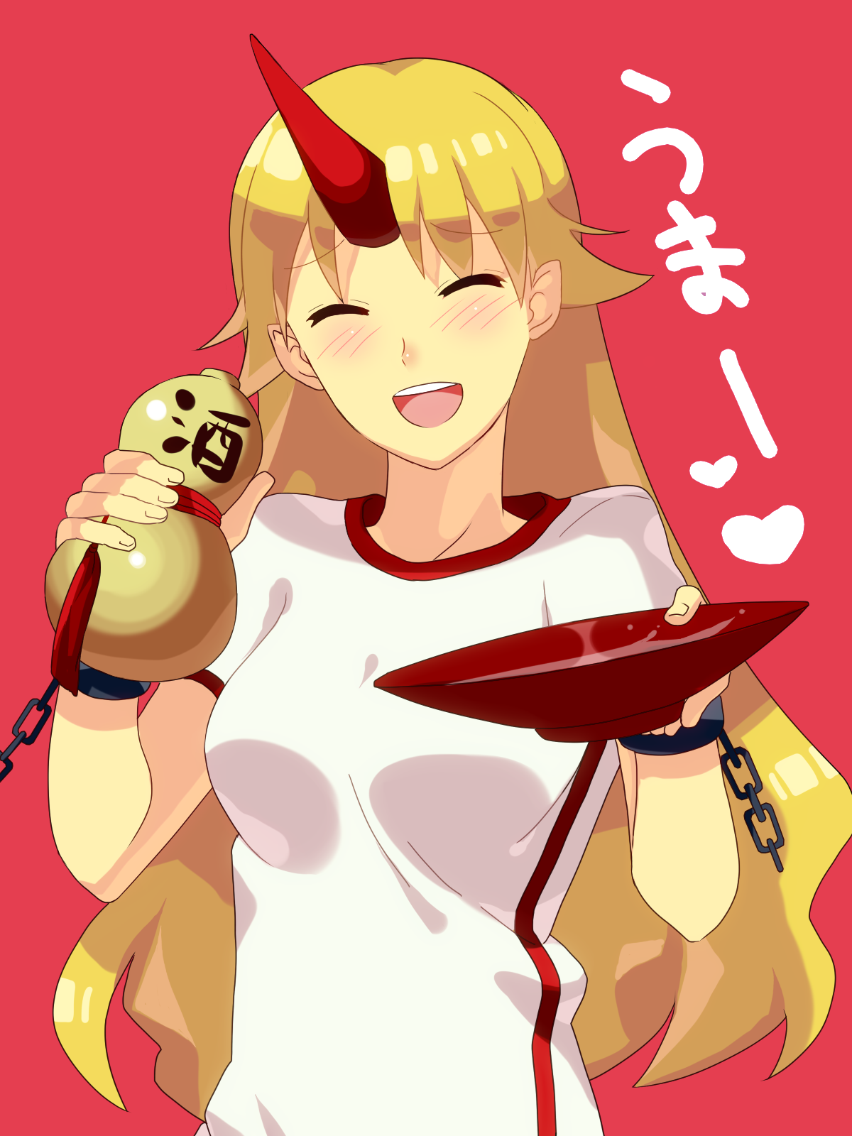 garigarigari, hoshiguma yuugi, touhou, bad id, bad pixiv id, highres, 1girl, alcohol, blonde hair, blush, bottle, breasts, closed eyes, cuffs, cup, female focus, gourd, horns, long hair, medium breasts, oni, open mouth, sakazuki, sake, shirt, single horn, smile, solo, t-shirt