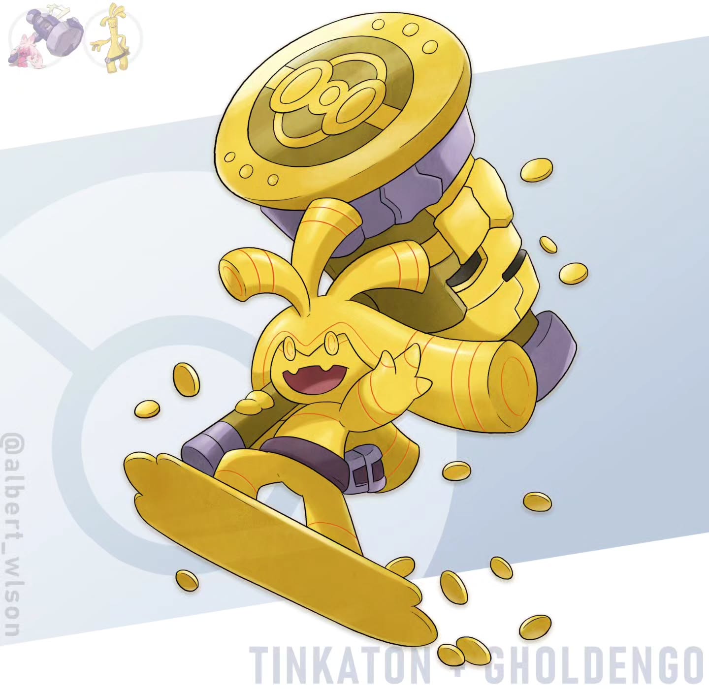 albrt-wlson, gholdengo, tinkaton, nintendo, pokemon, commentary, english commentary, highres, belt, character name, coin, full body, fusion, hammer, holding, holding hammer, instagram username, official art inset, open mouth, pokemon (creature), pokemon focus, reference inset, smile, solo, surfboard
