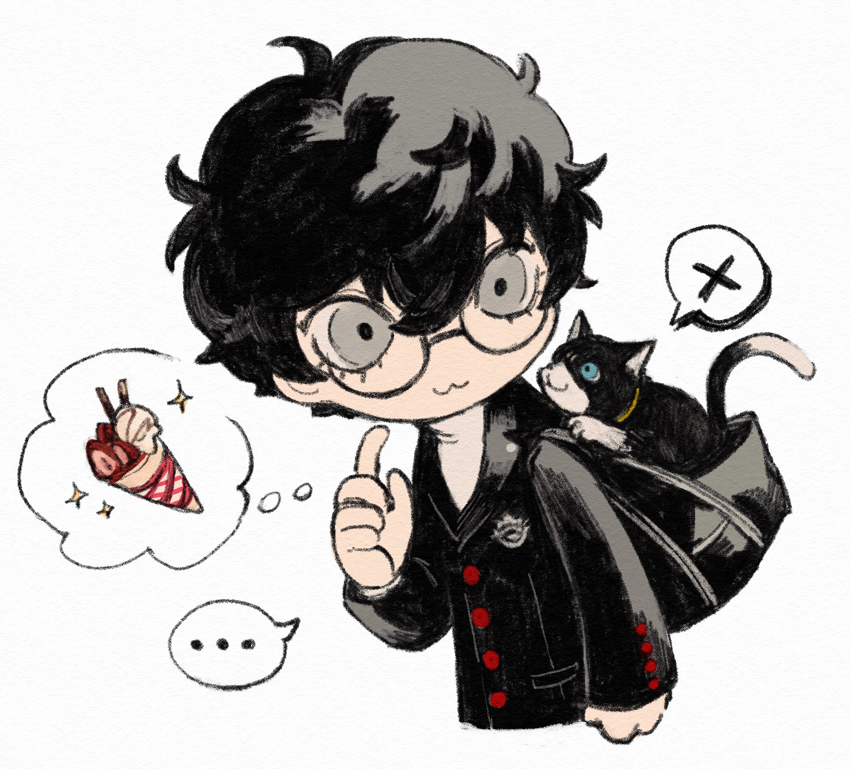 saichuu (more1208), amamiya ren, morgana (cat) (persona 5), morgana (persona 5), persona, persona 5, highres, …, 1boy, :3, animal, bag, black bag, blue eyes, buttons, cat, closed mouth, cropped torso, eyelashes, grey eyes, hair between eyes, jacket, lapels, male focus, parted hair, school uniform, shuujin academy school uniform, smile, speech bubble, spoken ellipsis, spoken object, spoken x, thought bubble, white background, x (symbol)