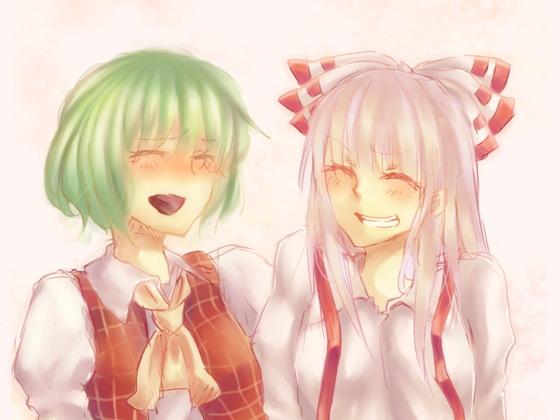 ebi guratan, fujiwara no mokou, kazami yuuka, touhou, bad id, bad pixiv id, 2girls, ascot, closed eyes, female focus, green hair, grin, hair ribbon, laughing, long hair, multiple girls, open mouth, plaid clothes, plaid vest, ribbon, short hair, smile, suspenders, vest, white hair