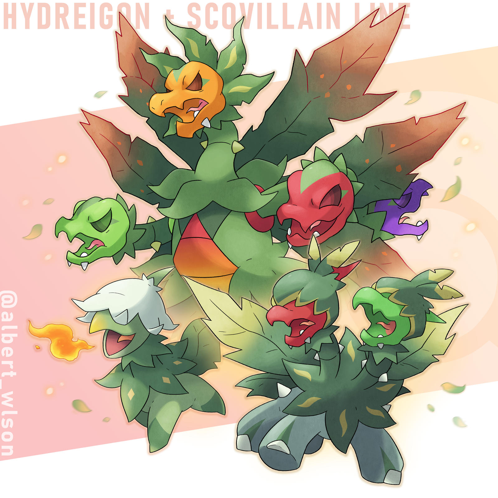 albrt-wlson, capsakid, deino (pokemon), hydreigon, scovillain, zweilous, nintendo, pokemon, commentary, english commentary, highres, animal focus, breath weapon, breathing fire, character name, covered eyes, evolutionary line, fangs, fire, gen 5 pokemon, instagram username, leaf, multiple heads, no humans, open mouth, pokemon (creature), pokemon focus, skin fangs, tongue