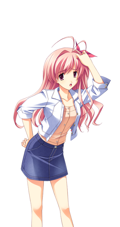 matsuo yukihiro, sakihata rimi, chaos;head, science adventure, pink top, clothing request, game cg, non-web source, official art, 1girl, antenna hair, blue skirt, breasts, casual, collarbone, cropped jacket, denim, denim skirt, hand in own hair, hand on own hip, hand up, jacket, miniskirt, one side up, open mouth, pink eyes, pink hair, sad, serious, short sleeves, skirt, small breasts, solo, sprite, transparent background, white jacket