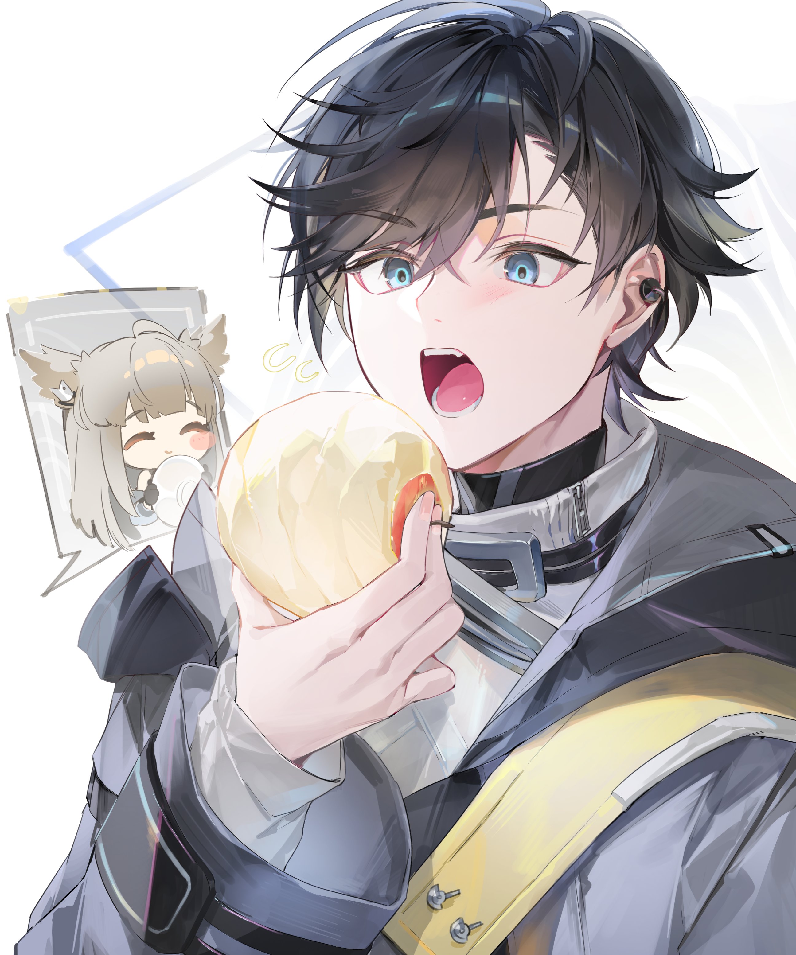 chap sal !, endministrator (arknights), male endministrator (arknights), perlica (arknights), arknights, arknights: endfield, absurdres, commentary, highres, symbol-only commentary, 1boy, 1girl, animal ears, apple, arm belt, arm up, black hair, black shirt, blue eyes, food, fruit, grey hair, grey jacket, holding, holding food, holding fruit, jacket, long hair, long sleeves, male focus, open mouth, parted bangs, parted hair, shirt, solo focus, spoken character, teeth, tongue, upper body, white background, white shirt, wide sleeves