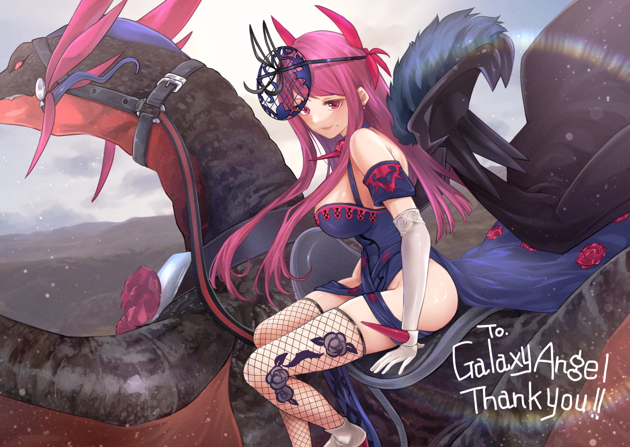 hanamasa ono, ivy (fire emblem), fire emblem, fire emblem engage, nintendo, spiked, commentary, commission, english commentary, highres, second-party source, skeb commission, 1girl, bare shoulders, breasts, elbow gloves, fascinator, fishnet thighhighs, fishnets, gloves, large breasts, long hair, looking at viewer, purple eyes, purple hair, riding dragon, see-through clothes, see-through headwear, thighhighs, thorn print, white gloves