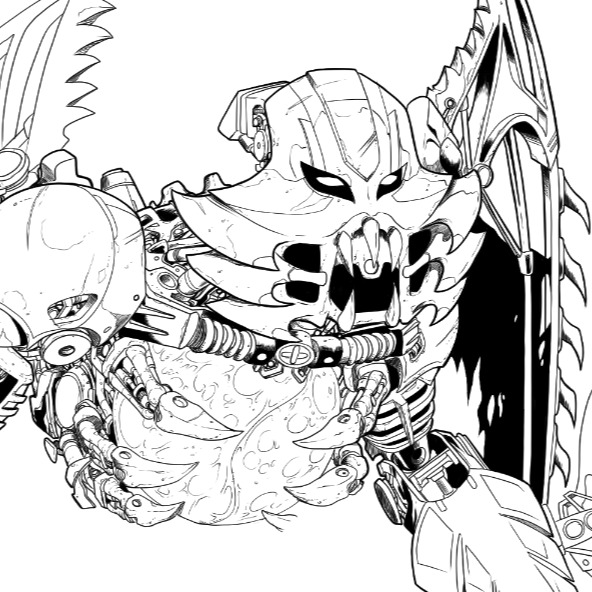 bionicle, the lego group, unfinished, antroz (bionicle), greyscale, humanoid robot, lineart, looking ahead, mattikron, mechanical wings, monochrome, open mouth, robot, sharp teeth, simple background, spanish commentary, teeth, upper body, western comics (style), white background, wings