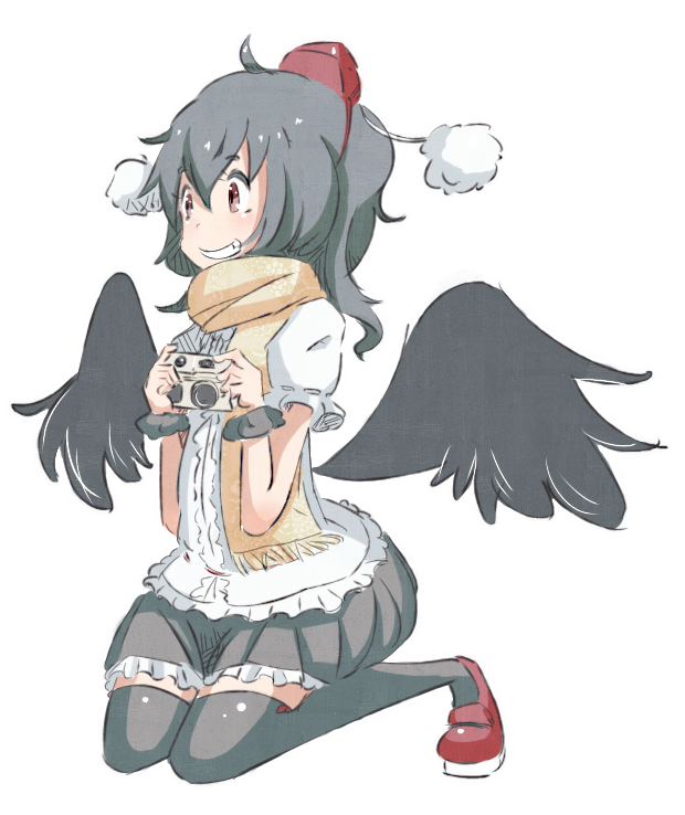s star, shameimaru aya, touhou, looking away, 1girl, black hair, black wings, camera, female focus, full body, geta, grin, hat, red eyes, scarf, short hair, skirt, smile, solo, thighhighs, tokin hat, wings