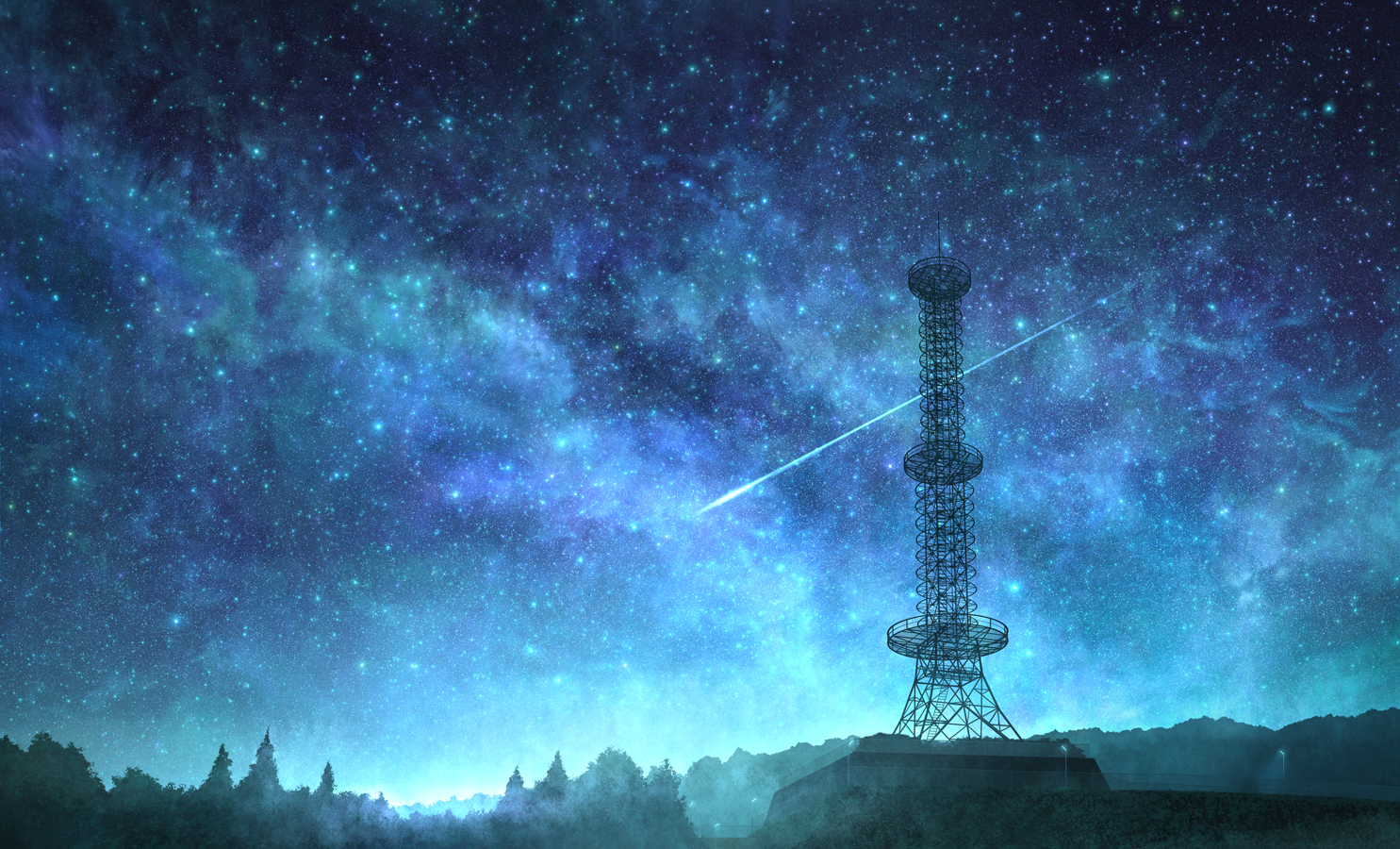 mks, original, commentary request, revision, blue sky, blue theme, lamppost, milky way, night, no humans, outdoors, radio tower, scenery, shooting star, sky, star (sky), starry sky, tree