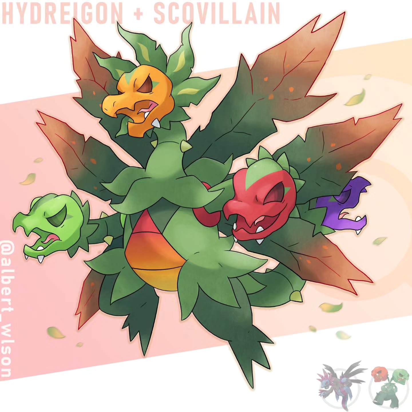 albrt-wlson, hydreigon, scovillain, nintendo, pokemon, commentary, english commentary, highres, character name, fangs, full body, gen 5 pokemon, instagram username, leaf, multiple heads, no humans, official art inset, open mouth, pokemon (creature), pokemon focus, reference inset, skin fangs, solo, tongue