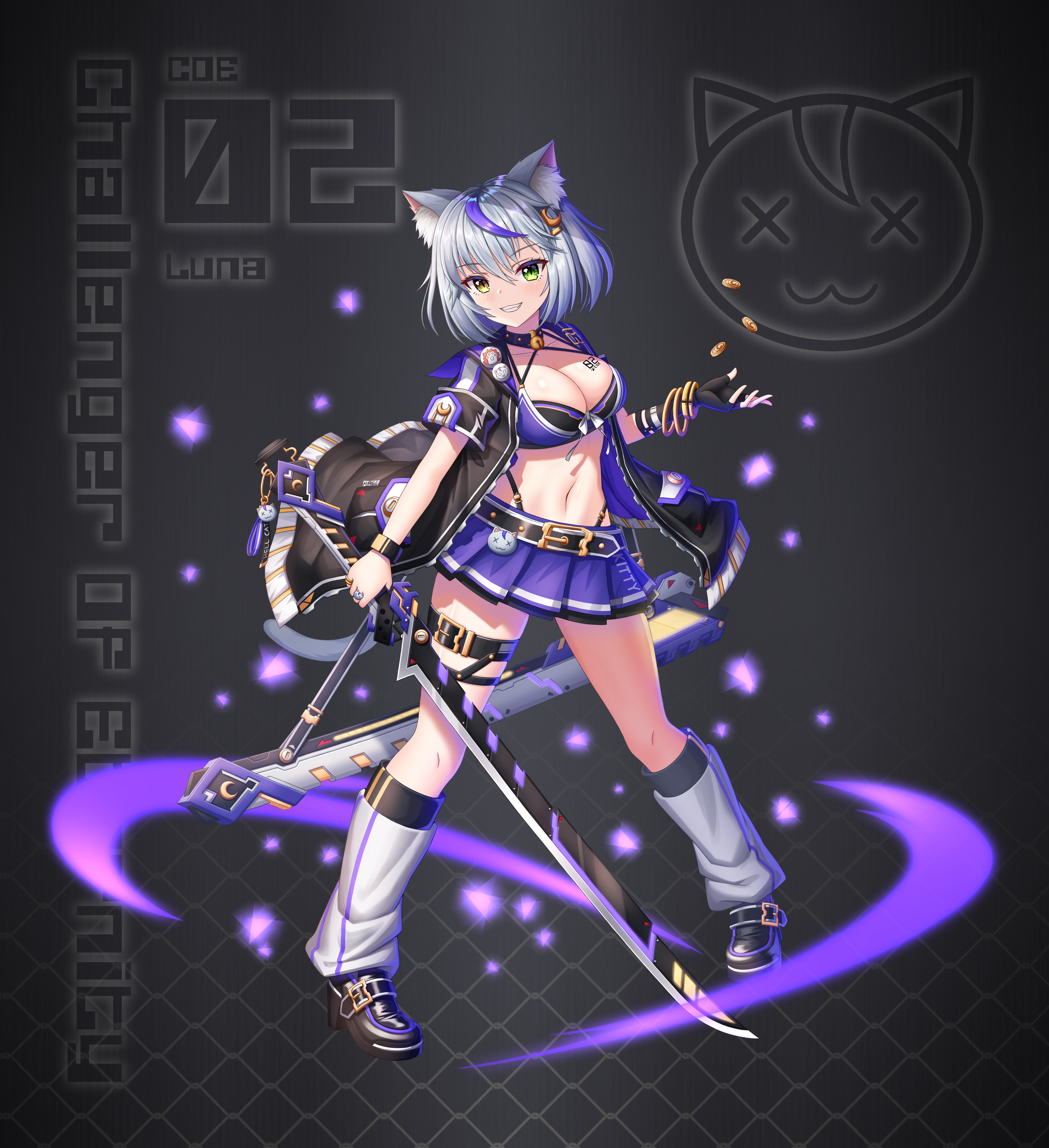 fazz (twins931), original, absurdres, commentary request, highres, revision, 1girl, animal ear fluff, animal ears, bangle, belt, black gloves, black jacket, black shoes, bracelet, breast tattoo, breasts, cat ears, cat girl, cat tail, cleavage, coin, collar, collarbone, crescent, crescent hair ornament, crop top, fingerless gloves, full body, gloves, green eyes, grey socks, grin, hair ornament, heterochromia, highleg, holding, holding sword, holding weapon, jacket, jewelry, large breasts, leg belt, legs apart, looking at viewer, loose socks, magic, midriff, miniskirt, multicolored hair, navel, open clothes, open jacket, pleated skirt, purple hair, purple skirt, ring, sheath, shoes, short hair, short sleeves, single glove, skirt, slit pupils, smile, socks, solo, standing, streaked hair, sword, tail, tattoo, weapon, white hair, wristband, yellow eyes