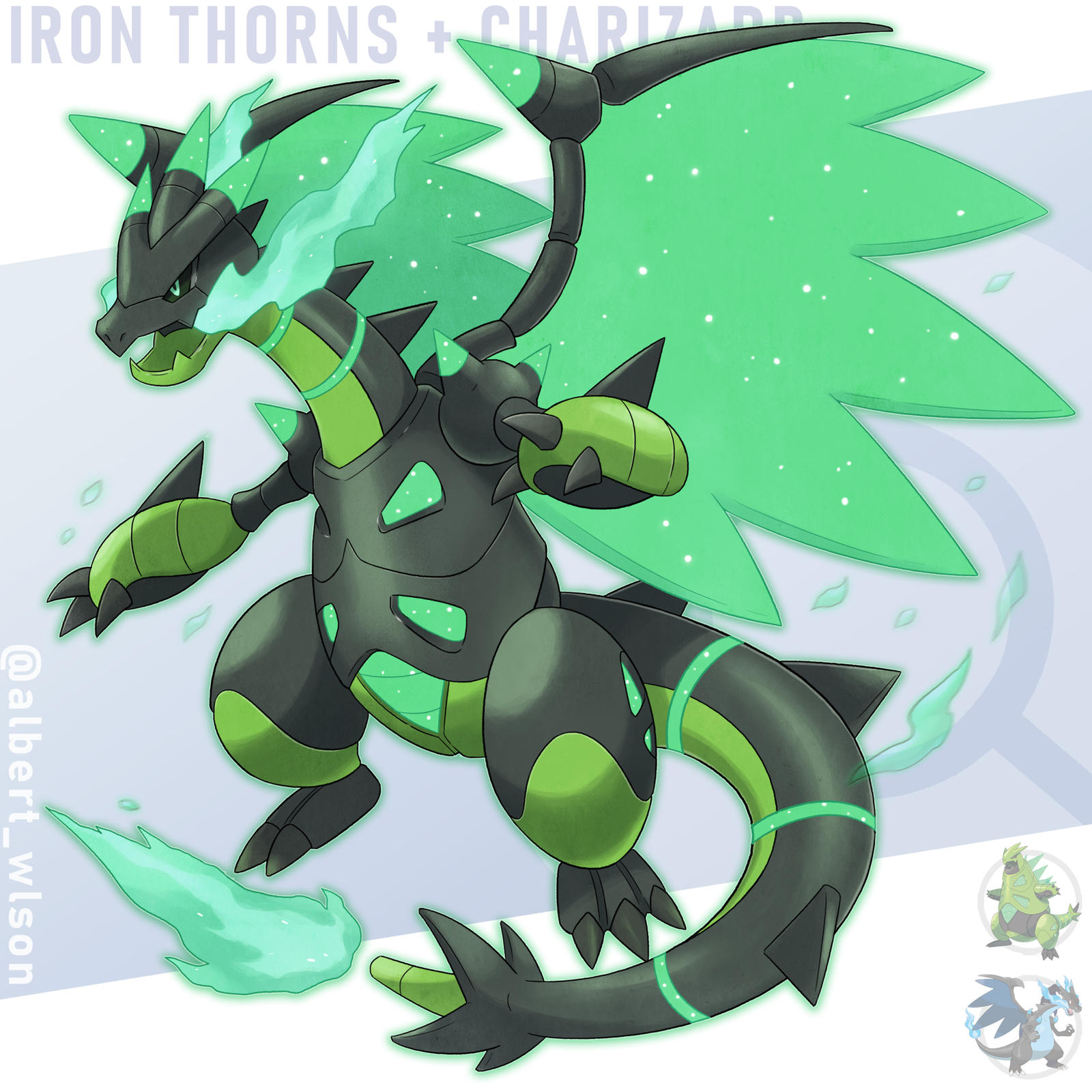albrt-wlson, charizard, iron thorns, mega charizard x, nintendo, pokemon, commentary, english commentary, highres, character name, claws, colored sclera, fangs, fire, gen 1 pokemon, green fire, green sclera, instagram username, mega pokemon, no humans, non-humanoid robot, nostrils, official art inset, open mouth, pokemon (creature), pokemon focus, red eyes, reference inset, robot, robot dragon, skin fangs, wings