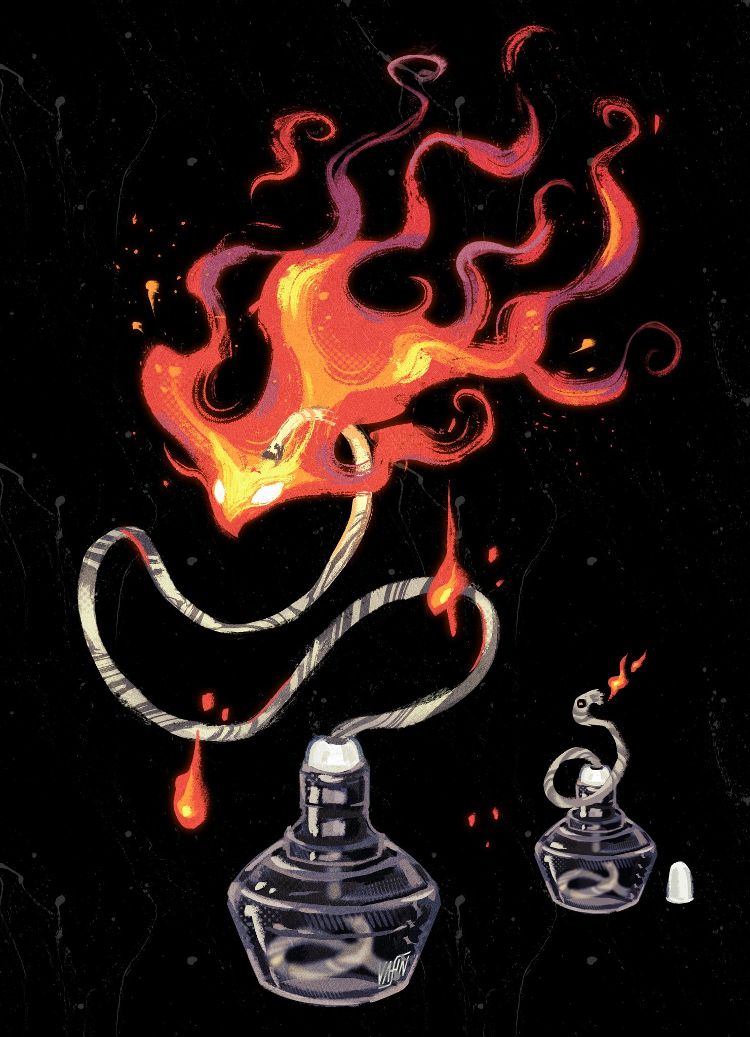 bairizuomeng, original, commentary, english commentary, highres, black background, fire, fuse, jar, lit fuse, no humans, object focus