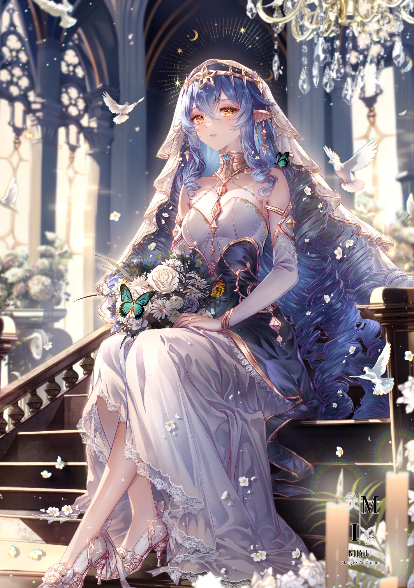miyu (miyulein), layla (genshin impact), genshin impact, clip studio paint (medium), commentary request, highres, paid reward available, 1girl, alternate costume, bare shoulders, bird, blue butterfly, blue hair, bouquet, breasts, bridal veil, bride, bug, butterfly, butterfly on shoulder, candle, detached sleeves, dress, earrings, flower, footwear flower, gold trim, hair between eyes, high heels, holding, holding bouquet, indoors, insect, jewelry, long hair, looking at viewer, medium breasts, parted lips, pointy ears, ring, shoes, sitting, sleeveless, sleeveless dress, solo, twitter username, veil, very long hair, wedding dress, wedding ring, white bird, white dress, white shoes, white sleeves, white veil, yellow eyes