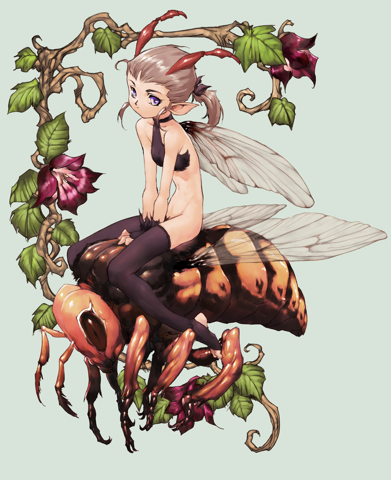kajiyama hiroshi, bad id, bad pixiv id, highres, 1girl, antennae, arthropod girl, bee, bottomless, brown eyes, brown hair, bug, fairy, female focus, flower, insect, monster girl, short hair, solo, thighhighs
