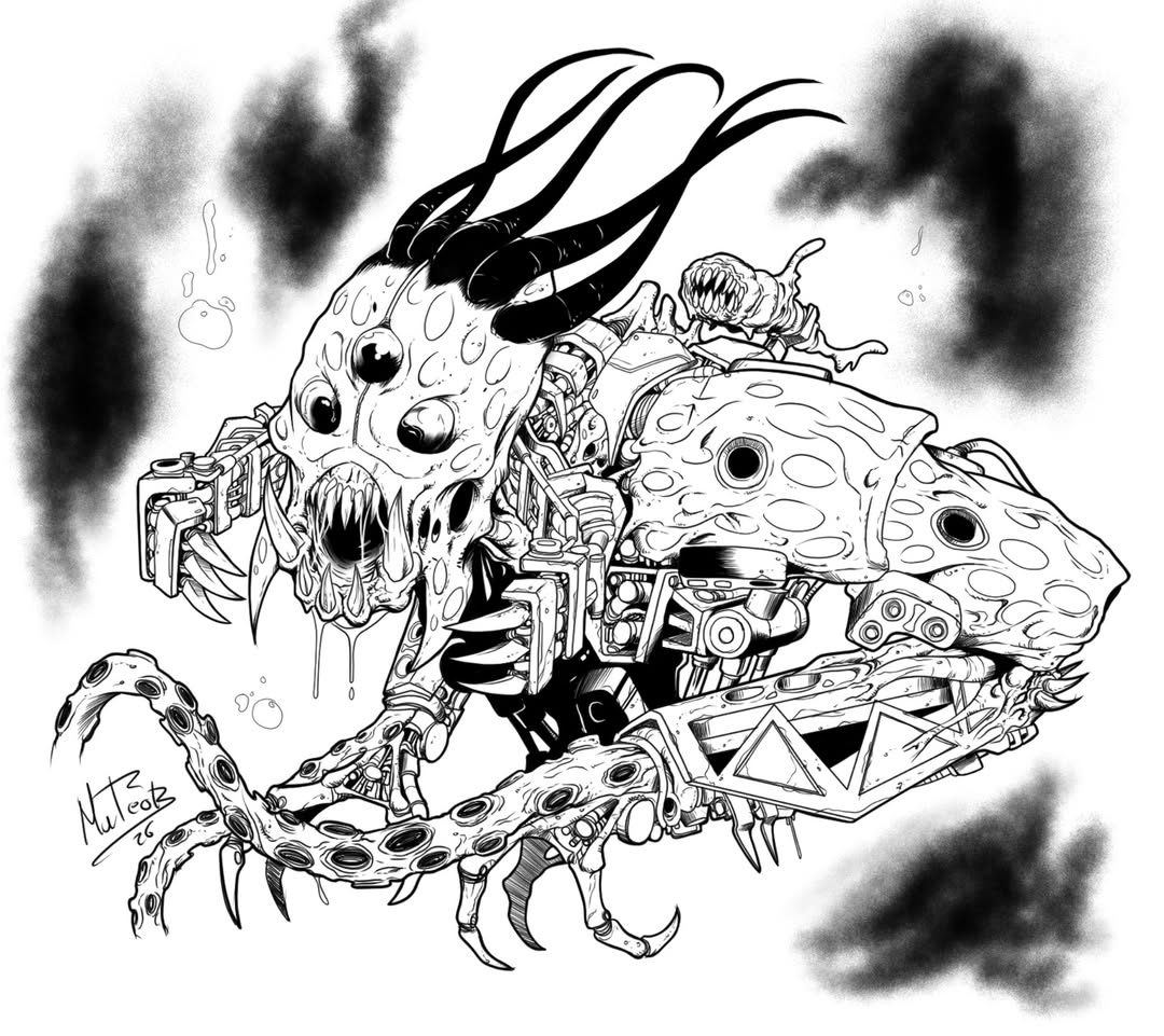 kalmah (bionicle), bionicle, the lego group, barraki (bionicle), bubble, fewer digits, greyscale, looking ahead, mattikron, monochrome, monster, open mouth, saliva, signature, tentacles, third eye, underwater, western comics (style)