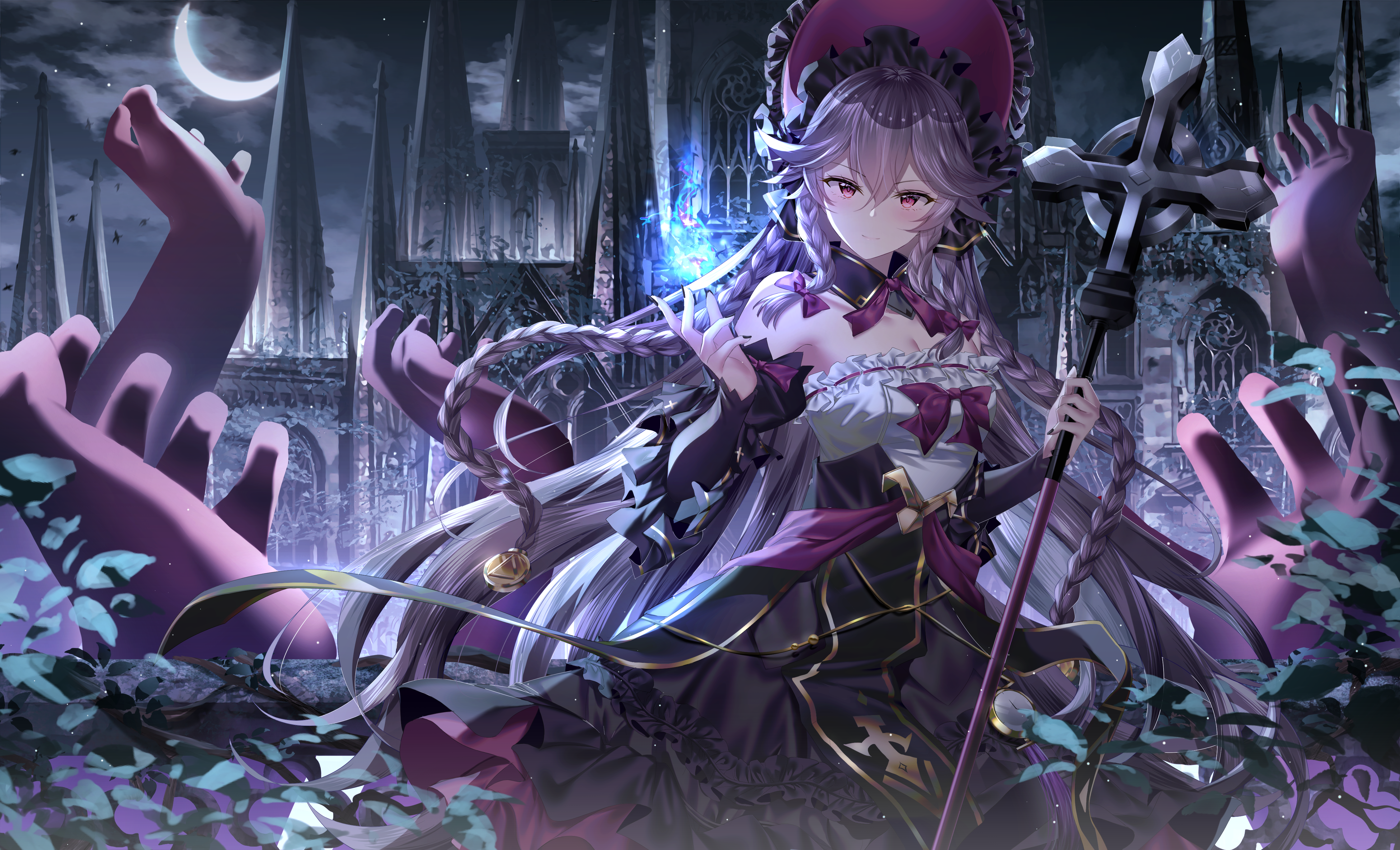 junpaku karen, sinful angelica (epic seven), epic seven, absurdres, commentary request, highres, revision, 1girl, bare shoulders, black skirt, breasts, building, cleavage, cloud, crescent moon, crosier, cross, detached collar, detached sleeves, dress, floating hair, frilled dress, frilled sleeves, frills, grey hair, hairband, holding, lolita fashion, lolita hairband, long hair, long skirt, long sleeves, looking at viewer, magic, mansion, medium breasts, moon, night, outdoors, pink eyes, plant, quad braids, shirt, skirt, smile, solo, staff, standing, strapless, very long hair, white shirt, wide shot