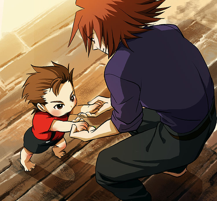 sio vanilla, kratos aurion, lloyd irving, tales of (series), tales of symphonia, 00s, 2boys, age difference, barefoot, black shorts, blush, brown eyes, brown hair, father and son, holding hands, male focus, multiple boys, running bond, short hair, shorts, standing, suspender shorts, suspenders, wooden floor