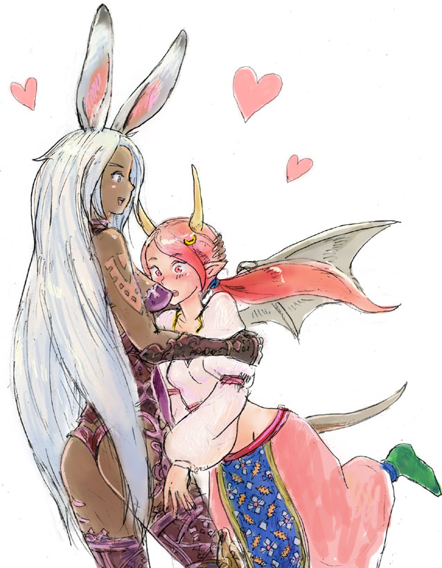 marmelo, gria, final fantasy, final fantasy tactics a2, final fantasy tactics advance, 2girls, animal ears, ass, dark-skinned female, dark skin, dragon girl, dragon horns, dragon tail, horns, long hair, monster girl, multiple girls, pink hair, rabbit ears, tail, thighhighs, viera, white hair, wings, yuri