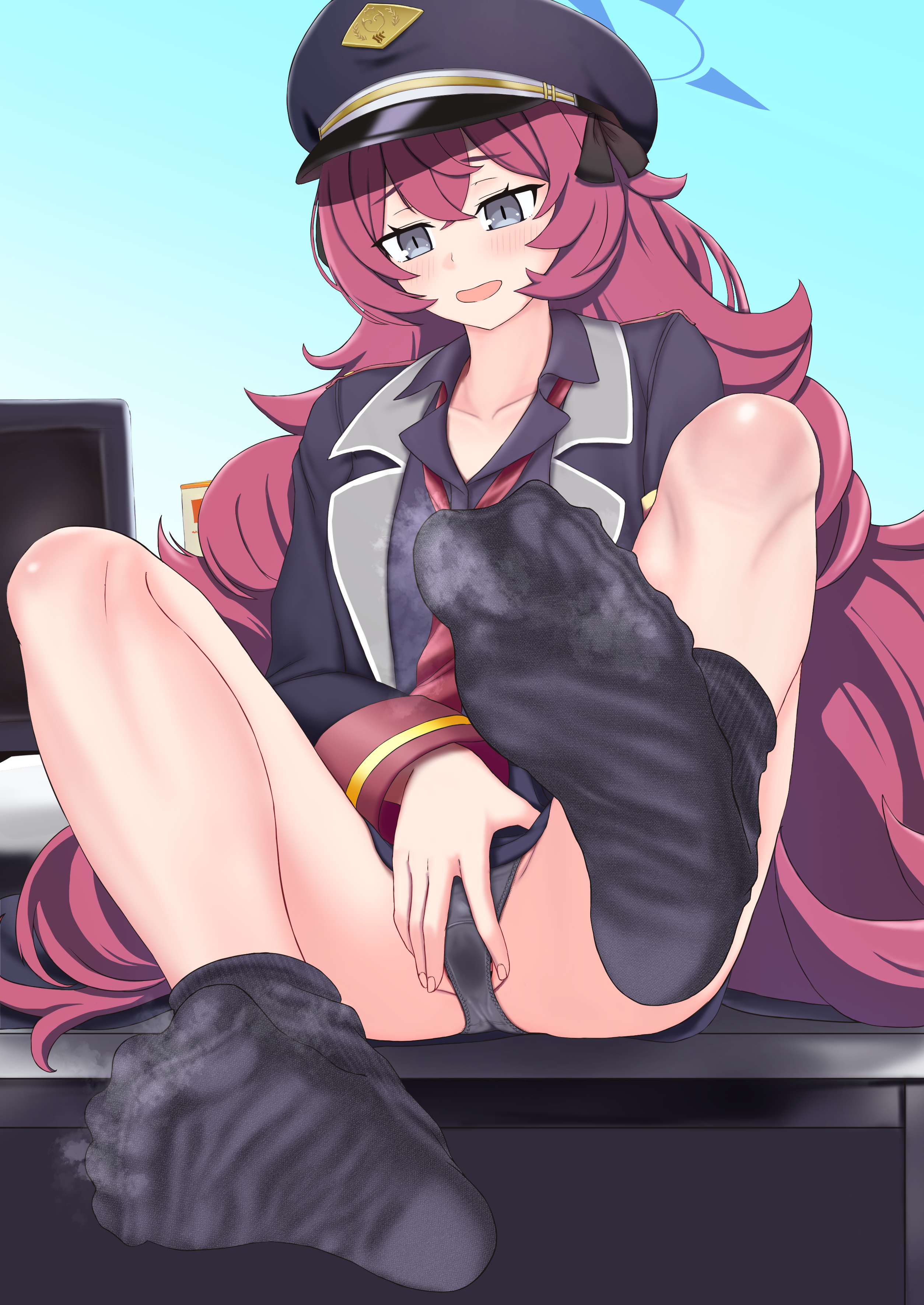 yaten cross, iroha (blue archive), blue archive, absurdres, highres, 1girl, black socks, blush, feet, grey eyes, hat, long hair, open mouth, panties, red hair, socks, soles, steam, toes, underwear