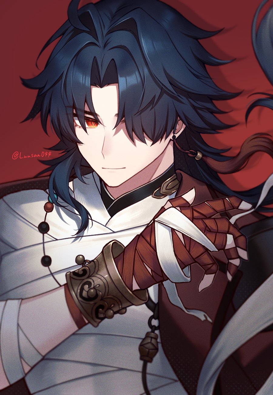 luu3, blade (honkai: star rail), honkai: star rail, honkai (series), hashtag-only commentary, highres, 1boy, arm up, bandaged chest, bandaged hand, bandages, blade (elation) (honkai: star rail), bracelet, closed mouth, coat, hair over one eye, jewelry, looking to the side, male focus, one eye covered, red background, red coat, red eyes, sideways glance, solo, twitter username, upper body