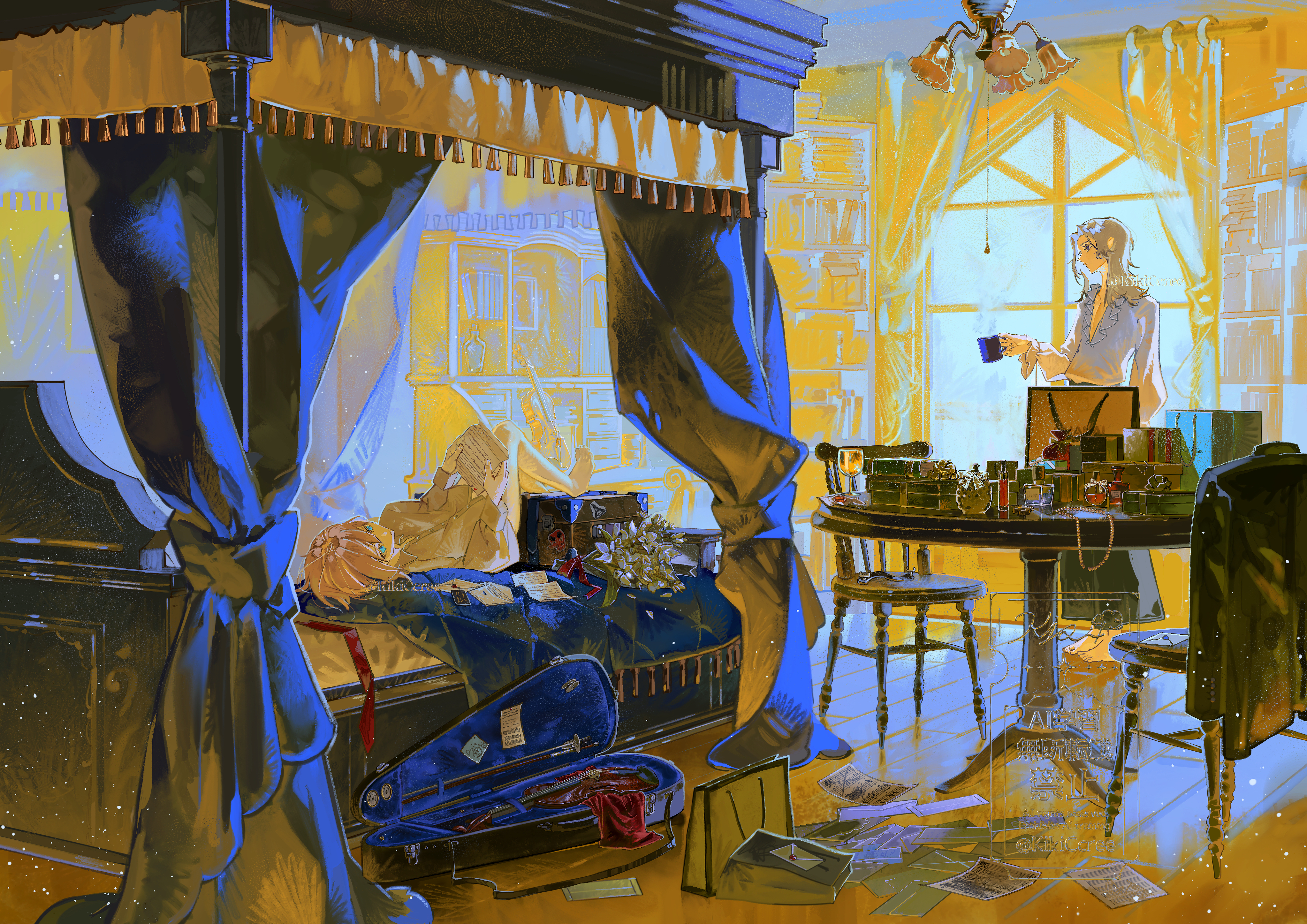 kikiccree, original, absurdres, commentary, highres, symbol-only commentary, bag, bed, bed frame, bed sheet, book, bookshelf, canopy bed, chair, cup, curtains, frilled shirt, frills, from side, glass bottle, grey hair, holding, holding cup, indoors, instrument, jewelry, light particles, long sleeves, lying, medium hair, messy room, on back, palace, paper, papers on floor, profile, reading, shelf, shirt, shopping bag, standing, table, violin, weapon case, white shirt, window