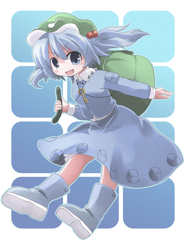 meneru, sharaia, kawashiro nitori, touhou, 1girl, backpack, bag, blue eyes, blue hair, cucumber, female focus, full body, gradient background, hair bobbles, hair ornament, hat, key, matching hair/eyes, randoseru, short hair, solo, twintails, two side up