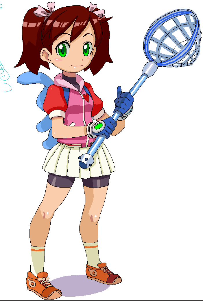 ryuntack, sayaka (saru getchu), saru getchu, 1girl, backpack, bag, bike shorts, bike shorts under skirt, brown hair, female focus, gloves, green eyes, hand net, net, oekaki, randoseru, shorts, shorts under skirt, solo