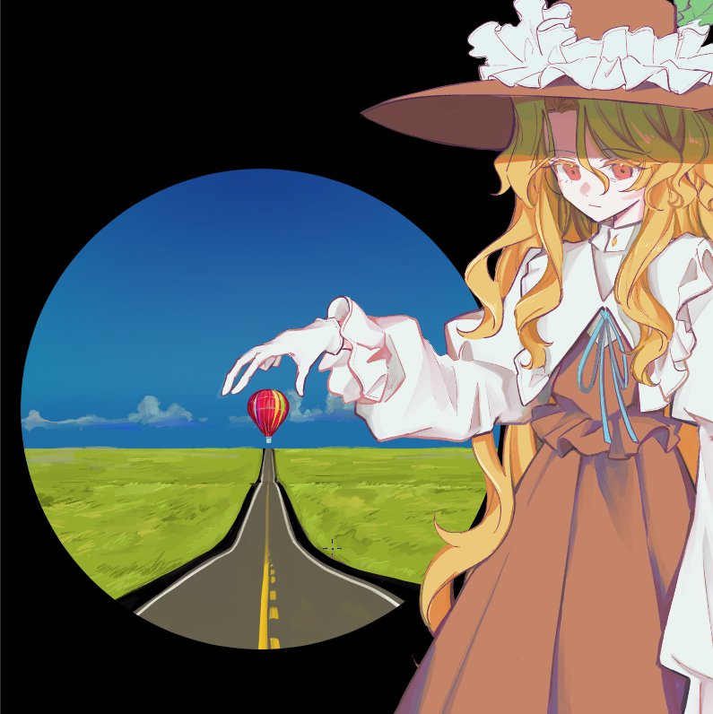 uzumibi, jacket girl (dipp), dolls in pseudo paradise, touhou, commentary, symbol-only commentary, 1girl, aircraft, autorefractor test, balloon, blonde hair, blue sky, brown hat, collared shirt, forced perspective, frilled hat, frills, grass, hat, hat feather, hot air balloon, long hair, long sleeves, red eyes, ribbon, road, shirt, skirt, sky, vanishing point, very long hair, vest, wavy hair, white shirt