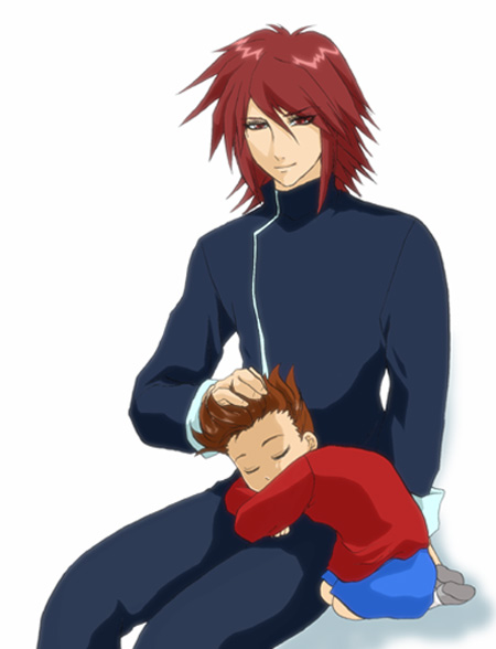 kratos aurion, lloyd irving, tales of (series), tales of symphonia, 00s, age difference, brown hair, father and son, male focus, red hair, short hair