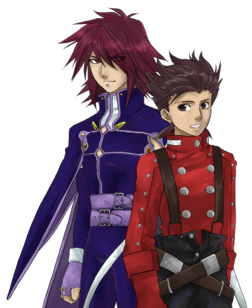 kratos aurion, lloyd irving, tales of (series), tales of symphonia, 00s, age difference, brown hair, father and son, hair over one eye, male focus, red hair, short hair