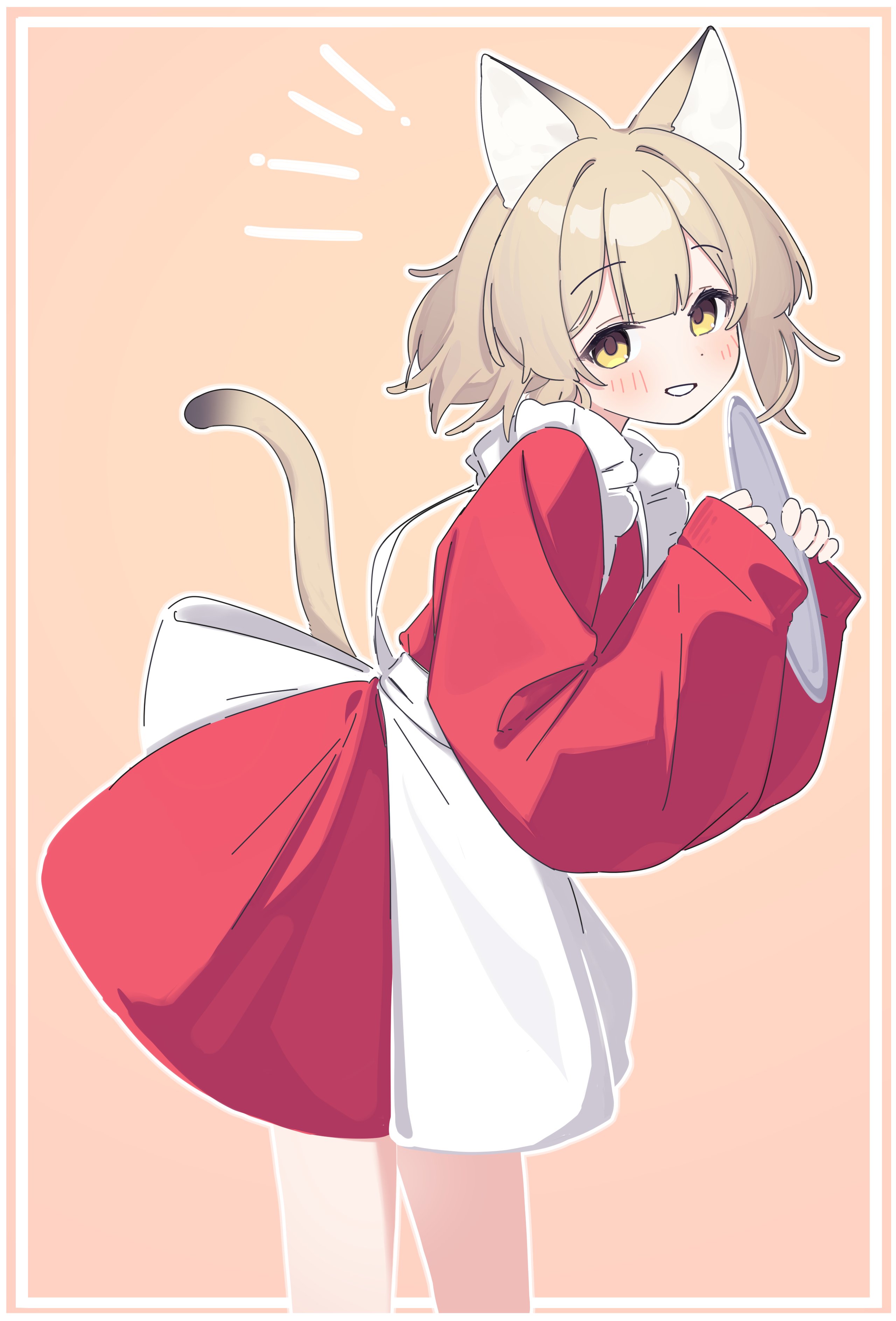 riya (01214), original, absurdres, commentary, highres, symbol-only commentary, 1girl, animal ear fluff, animal ears, apron, blush, border, brown background, brown border, brown hair, cat ears, cat girl, cat tail, dress, holding, holding tray, long sleeves, looking at viewer, notice lines, outline, puffy long sleeves, puffy sleeves, red dress, sleeves past wrists, smile, solo, tail, tray, white apron, white border, white outline, yellow eyes