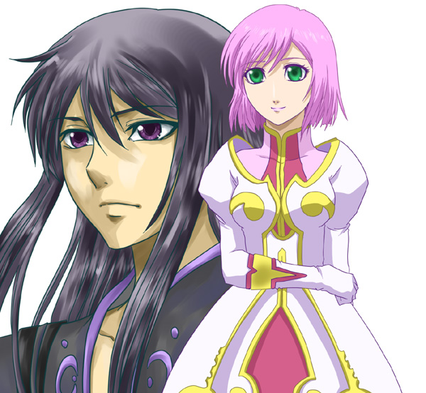 estellise sidos heurassein, yuri lowell, tales of (series), tales of vesperia, 00s, 1boy, 1girl, black hair, dress, elbow gloves, gloves, green eyes, long hair, pink hair, purple eyes, short hair, simple background, white background, white gloves