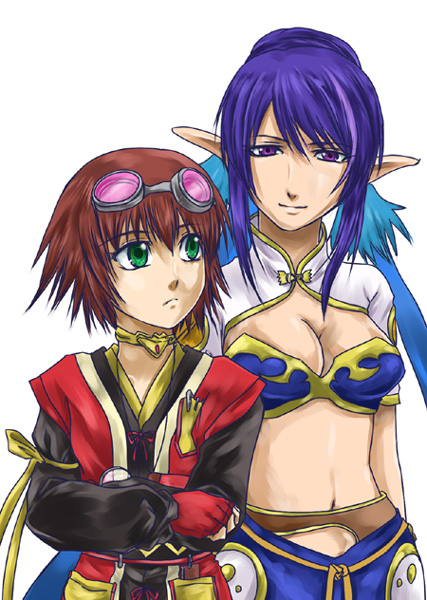 judith (tales), rita mordio, tales of (series), tales of vesperia, 00s, 2girls, blue hair, breasts, brown hair, collar, cowboy shot, female focus, fingerless gloves, gloves, goggles, goggles on head, green eyes, long hair, looking at another, looking at viewer, medium breasts, midriff, multicolored hair, multiple girls, navel, pointy ears, purple eyes, purple hair, red gloves, short hair, simple background, standing, two-tone hair, very long hair, white background
