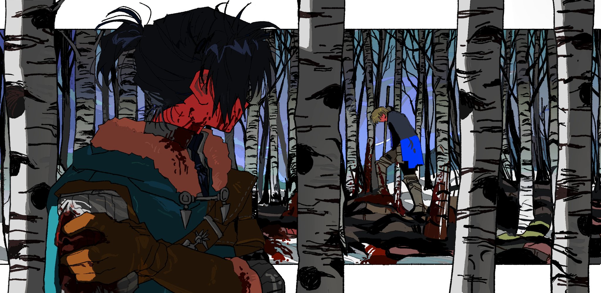 goguma wagamja, dimitri alexandre blaiddyd, felix hugo fraldarius, fire emblem, fire emblem: three houses, nintendo, highres, 2boys, armor, black jacket, blonde hair, blood, blood on clothes, blood on face, blue cape, blue hair, blue jacket, brown gloves, cape, corpse, forest, gauntlets, gloves, greaves, hand up, holding, holding polearm, holding weapon, injury, jacket, looking at another, male focus, multiple boys, nature, outdoors, polearm, ponytail, short hair, short ponytail, spear, weapon