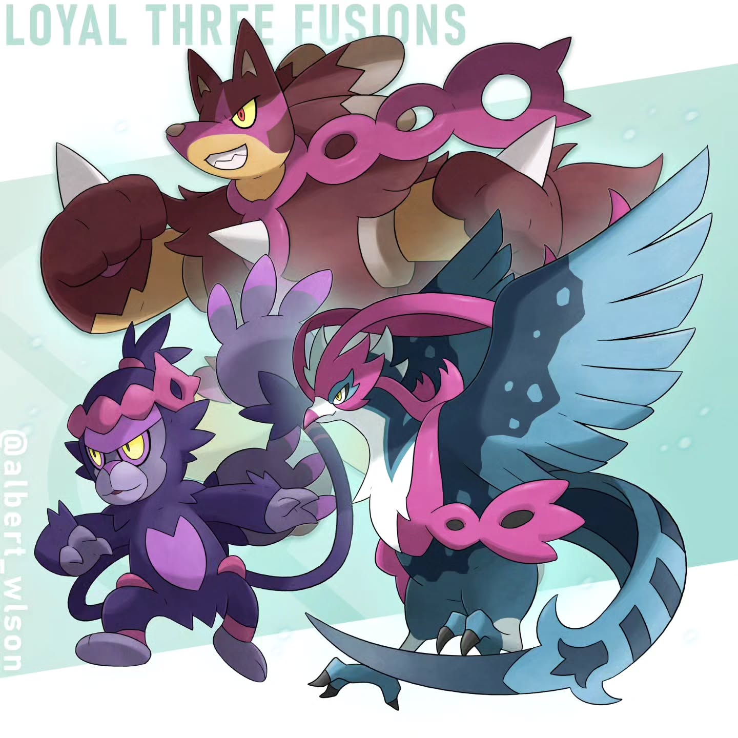 albrt-wlson, ambipom, fezandipiti, lucario, munkidori, okidogi, unfezant, unfezant (male), nintendo, pokemon, commentary, english commentary, highres, :3, alternate color, bird, closed mouth, colored sclera, english text, fusion, gen 4 pokemon, gen 5 pokemon, grin, instagram username, open mouth, pokemon (creature), pokemon focus, red eyes, sharp teeth, shiny pokemon, smile, spikes, teeth, yellow eyes, yellow sclera