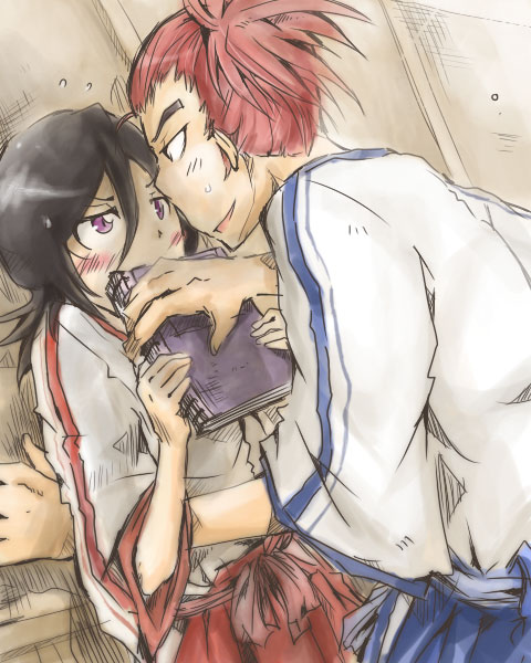 hangdok, abarai renji, kuchiki rukia, bleach, bad id, bad pixiv id, 1boy, 1girl, black hair, blush, book, red hair